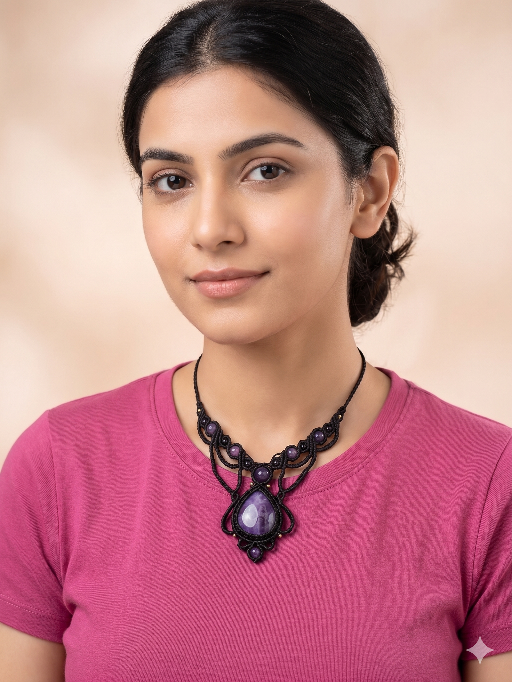 Macrame Necklace with Natural Amethyst Amulet for Protection