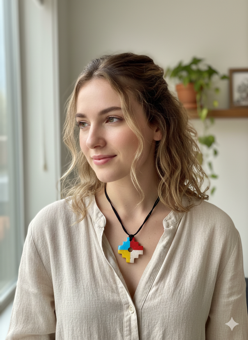 Handmade Inca Chakana Necklace, Andean Cross Pendant with Natural Stone