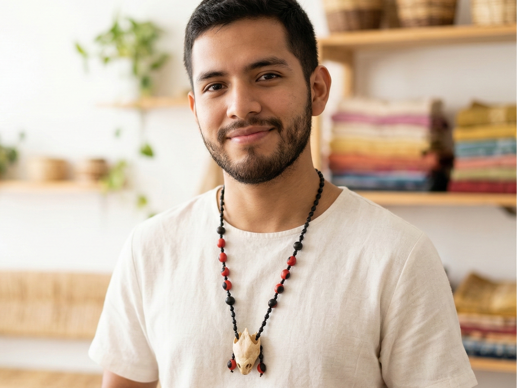 Handmade Necklace with Huayruro Seeds and a Protective Turtle Skull