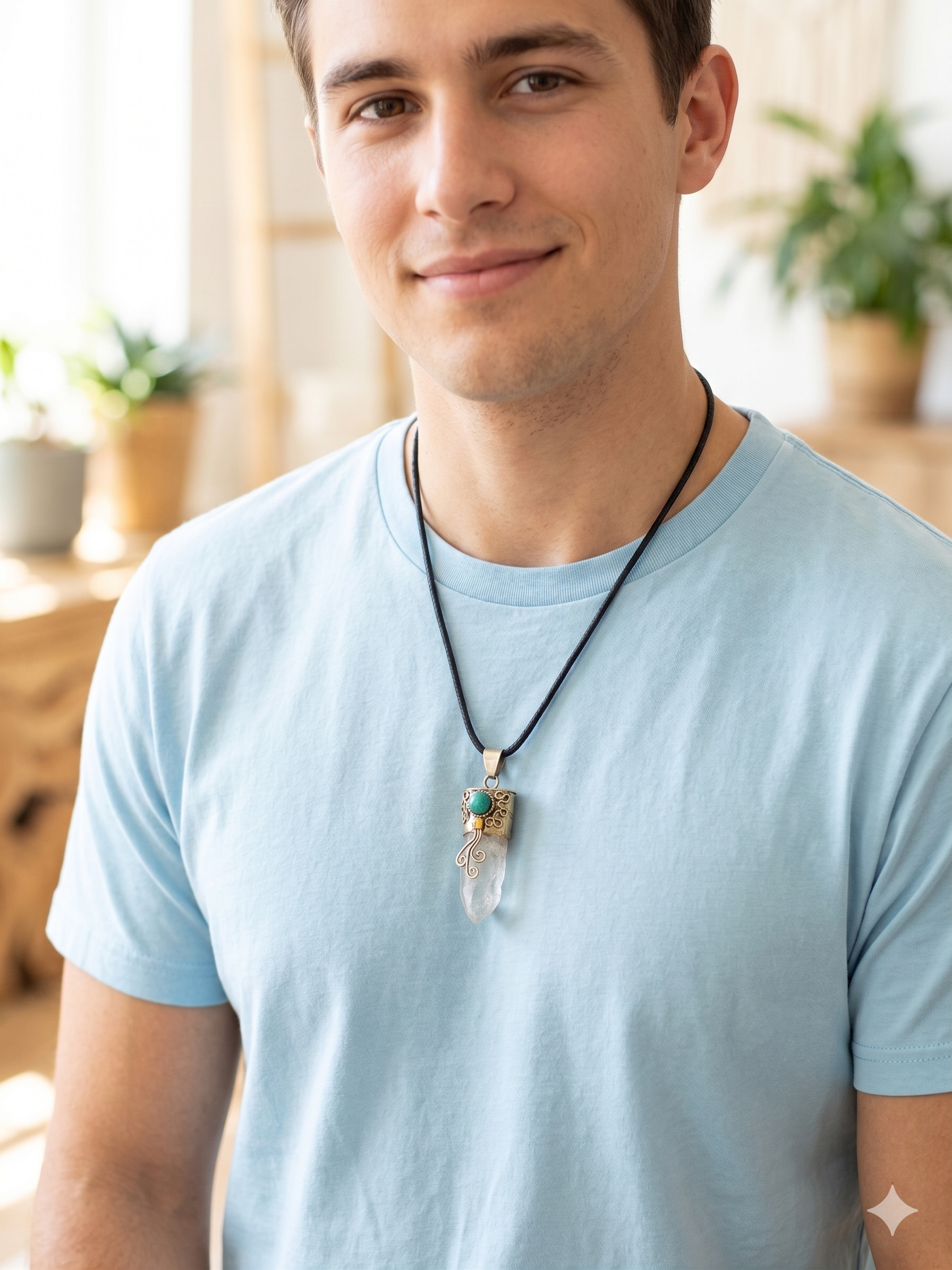 Handmade Necklace with Natural Crystal Quartz and Turquoise Inlay in Alpaca