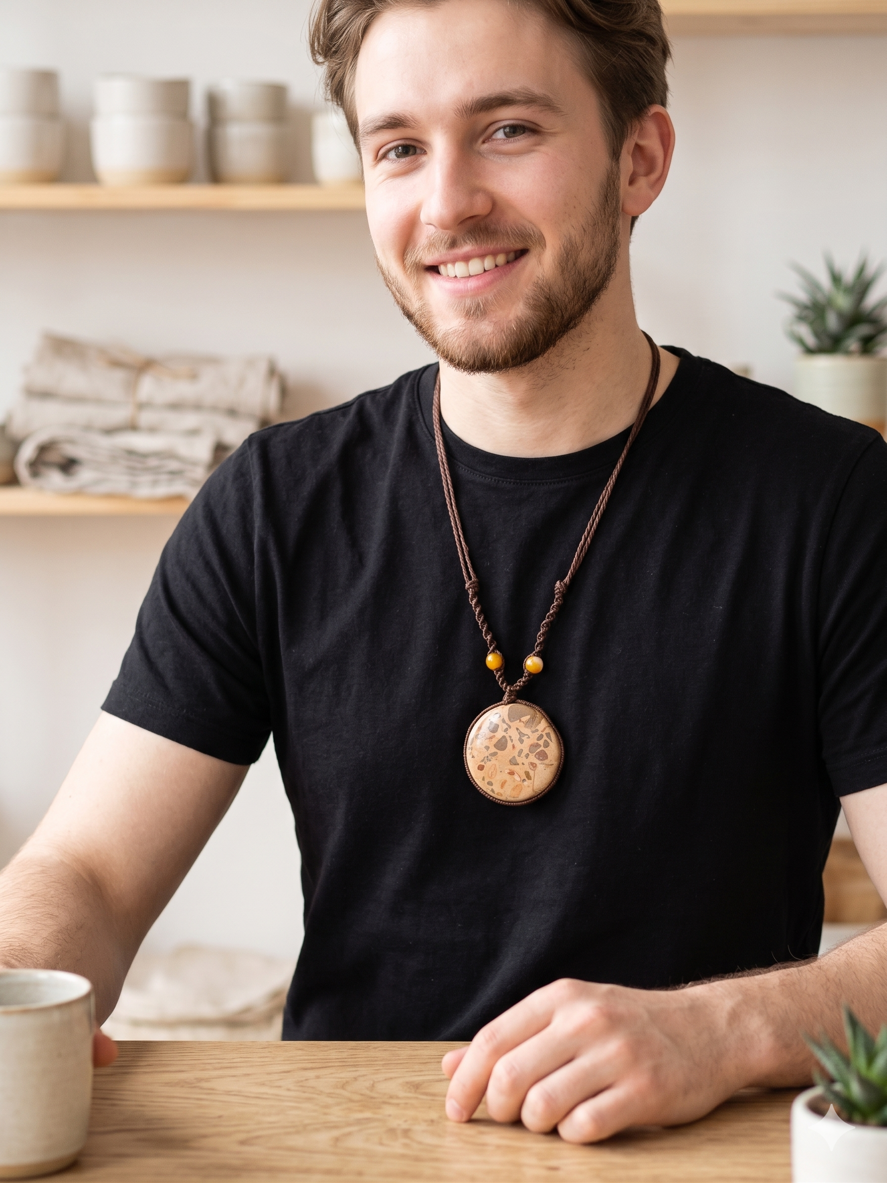 Handmade Macrame Necklace with Natural Leopard Stone, Spiritual Amulet
