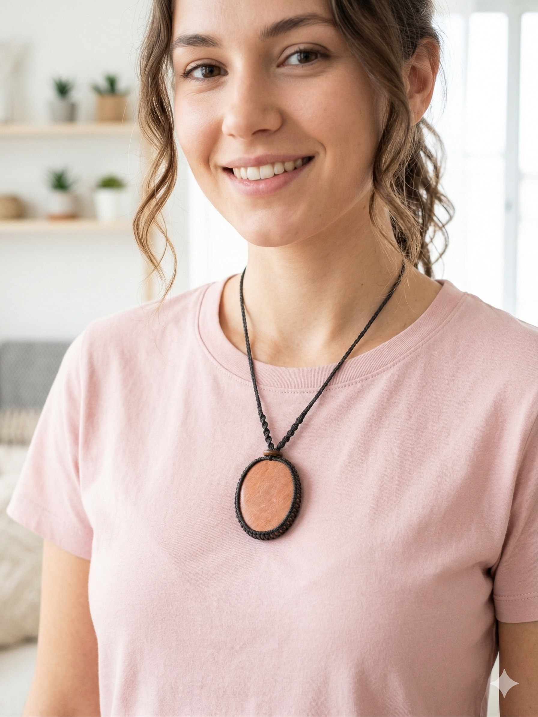 Handmade Macrame Necklace with Natural Orange Stone Pendant