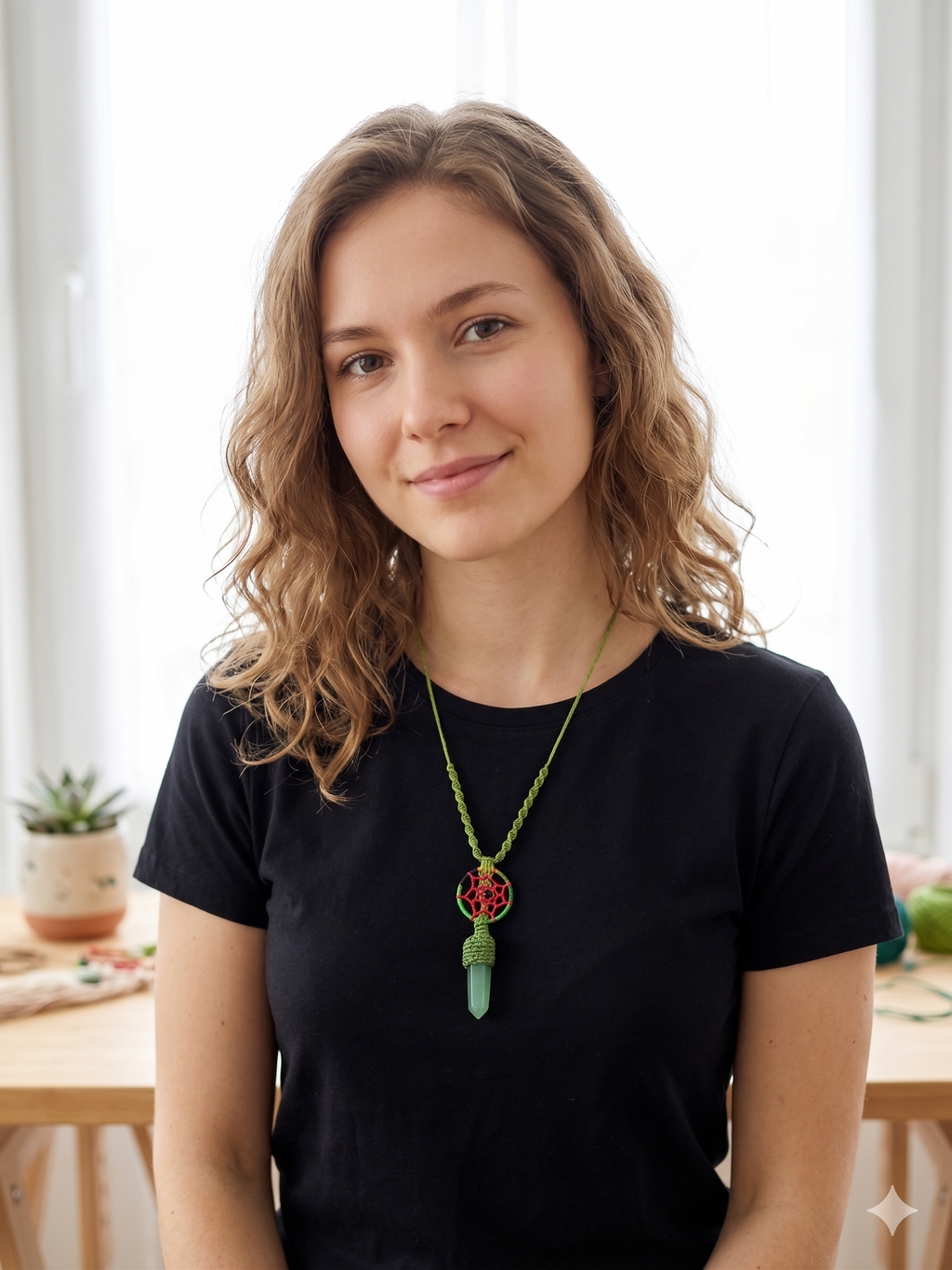 Handmade Macrame Dreamcatcher Necklace with Natural Green Stone