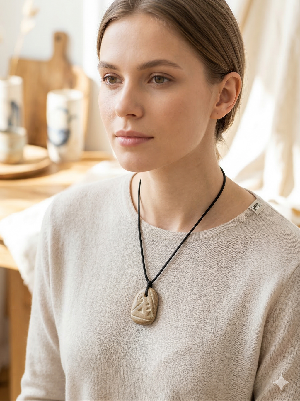 Natural Stone Necklace with Hand Engraving and Amulet, Adjustable Cord