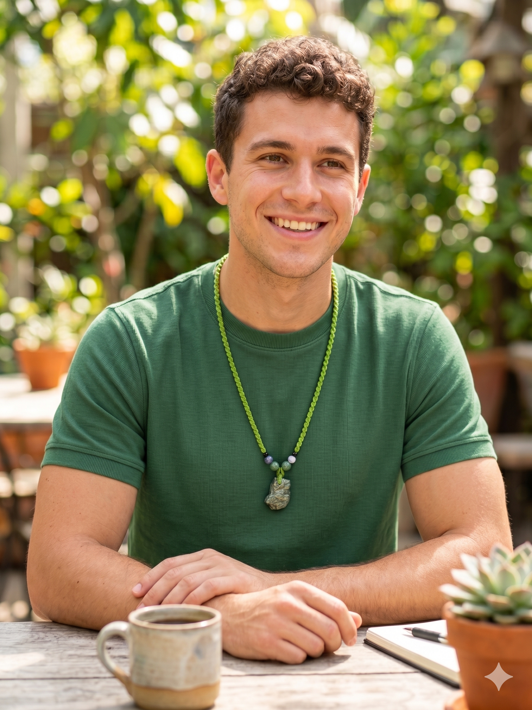 Green Macrame Necklace with Natural Carved Stone, Handwoven