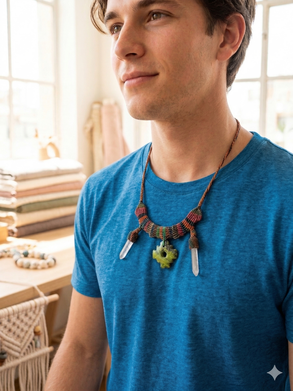 Handmade Macrame Necklace with Quartz Crystal Points and Chakana Pendant