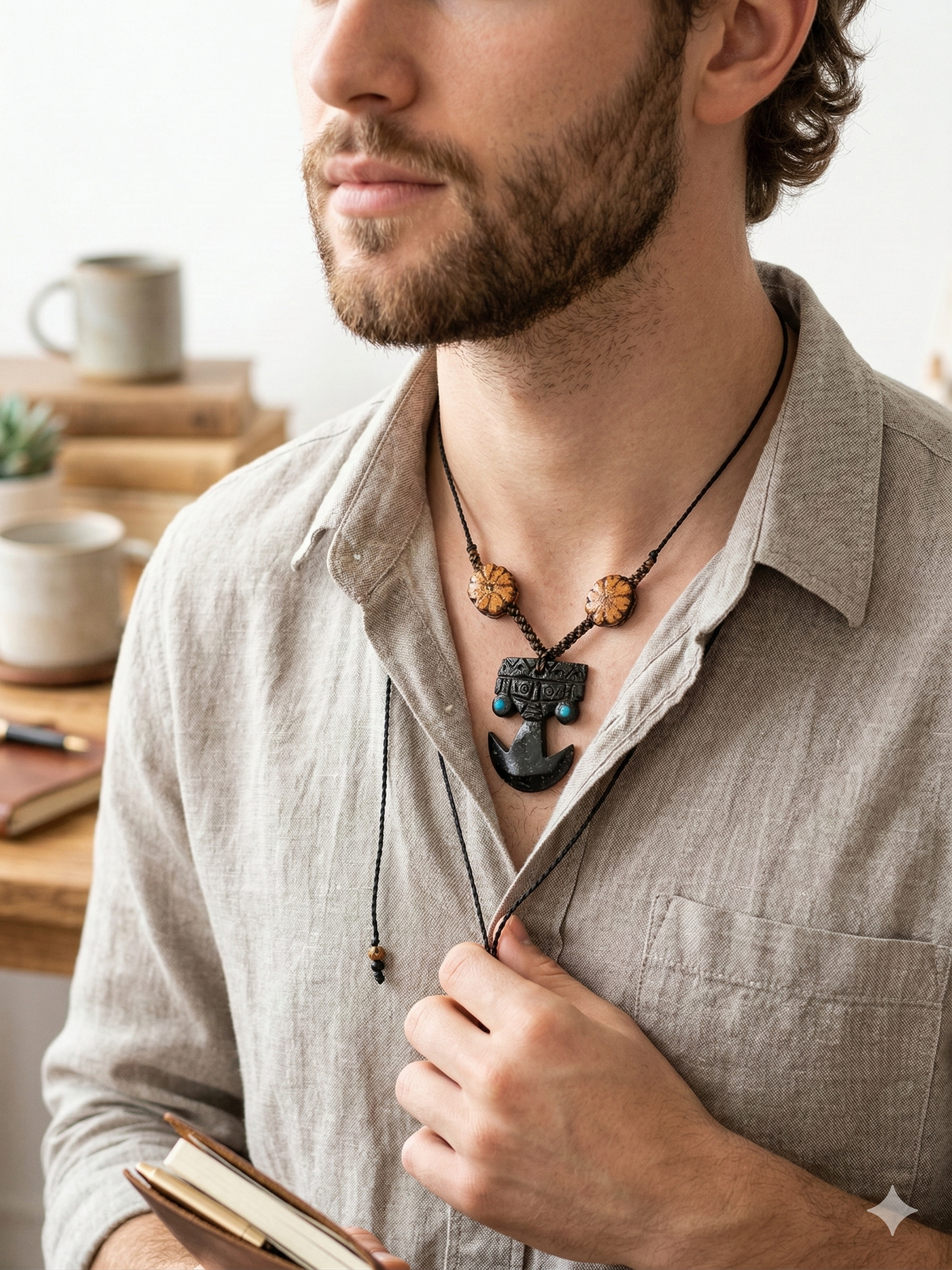 Tumi Necklace with Natural Stone, Flowers, Ayahuasca, Peruvian Handicraft, Protection Amulet