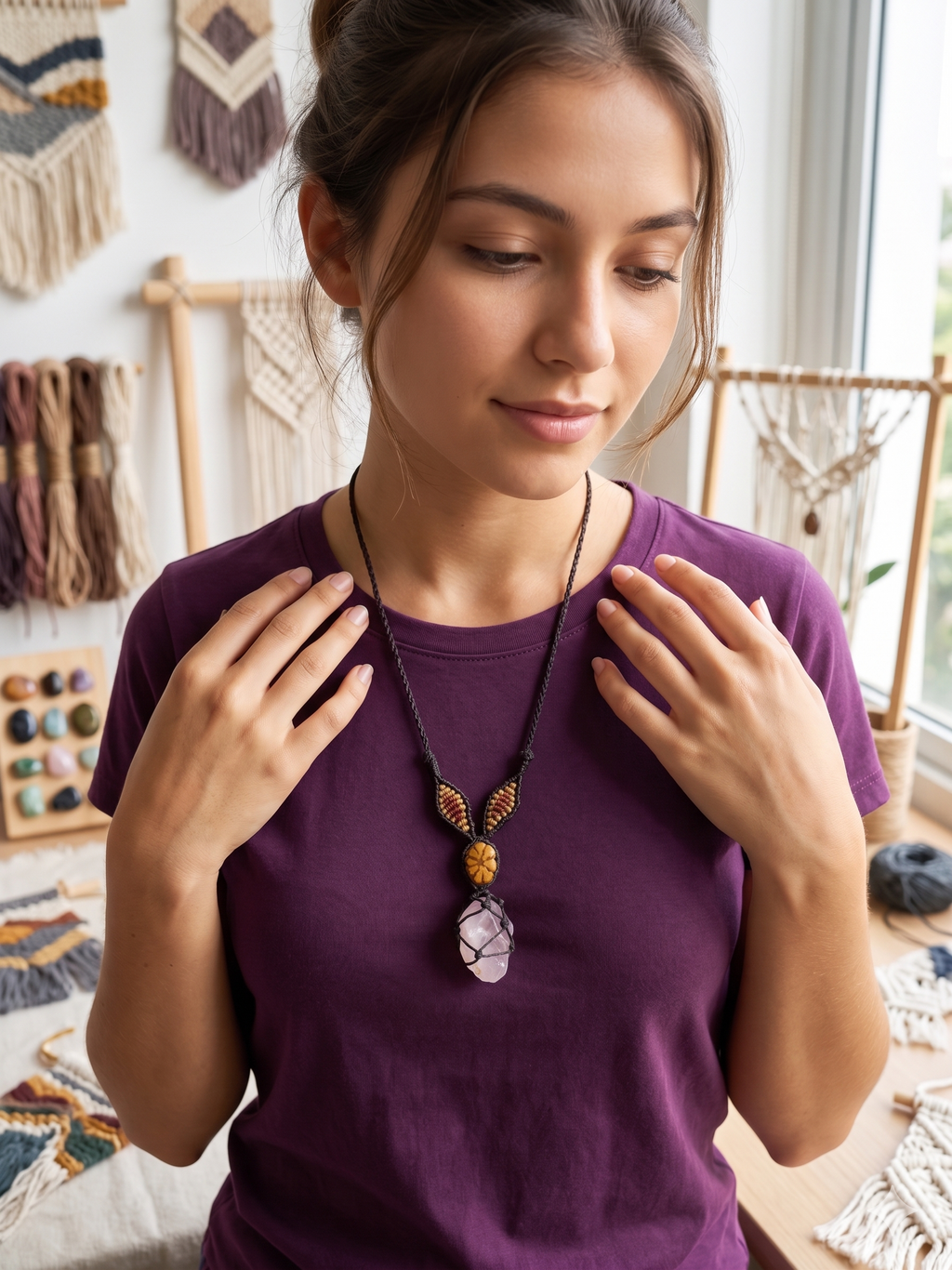 Macrame Necklace with Ayahuasca Flower, Quartz, and Amethyst - Spiritual Amulet