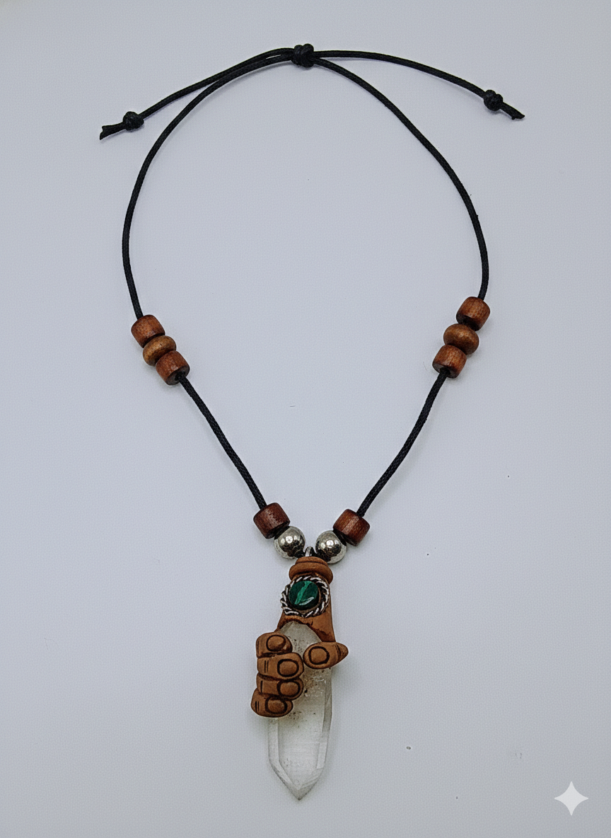Adjustable Necklace, Hand Shaman, Natural Stone Quartz Crystal Spiritual Amulet