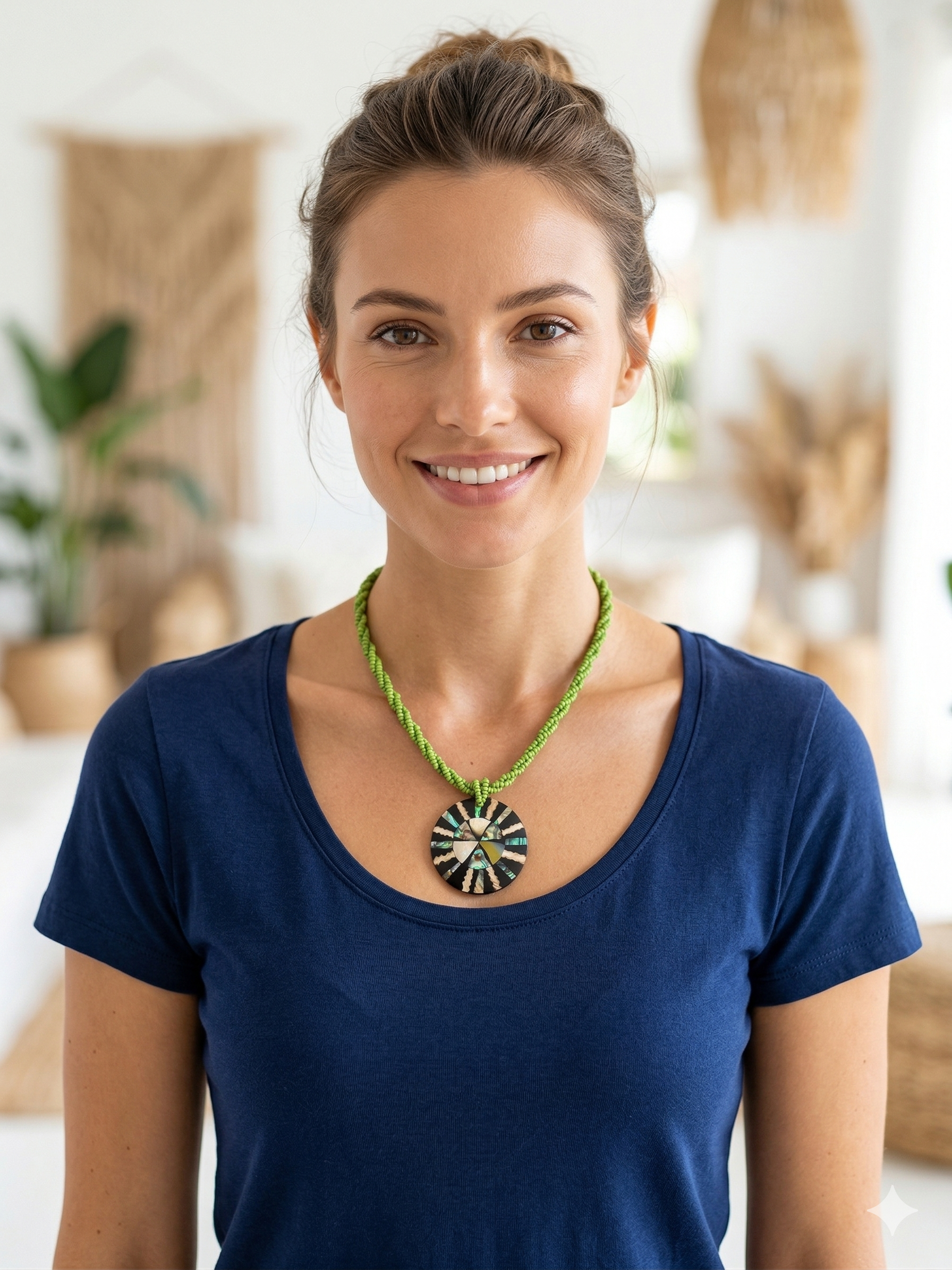 Green Bead Necklace with Natural Mother-of-Pearl Pendant