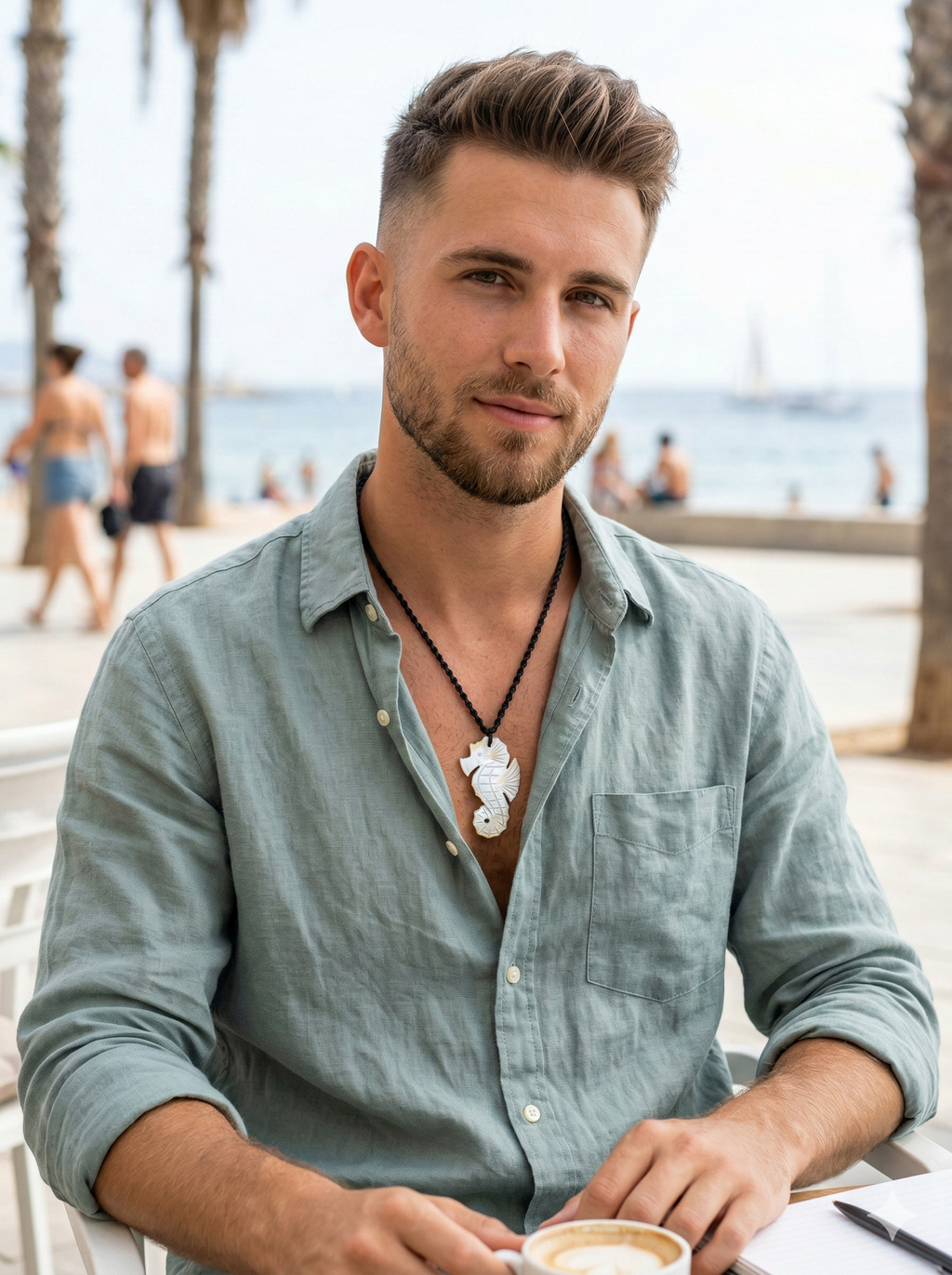 Seahorse Necklace with Mother-of-Pearl Shell, Handmade Woven Macrame Thread