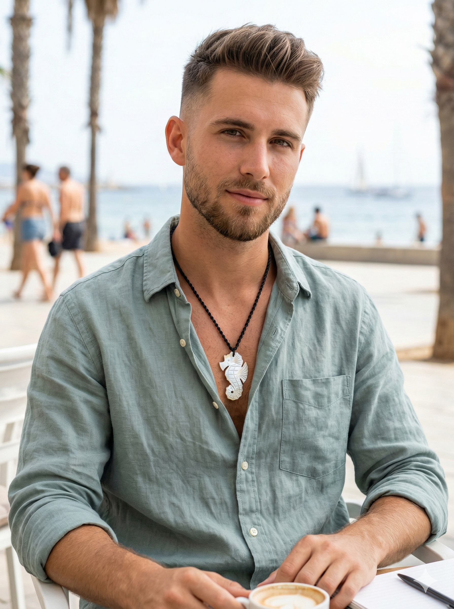 Seahorse Necklace with Mother-of-Pearl Shell, Handmade Woven Macrame Thread