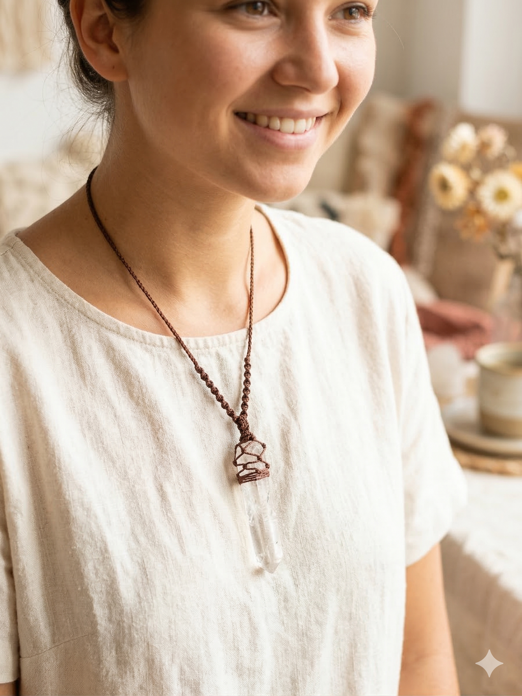 Natural Crystal Quartz Necklace, Handwoven Spiritual Macrame  Amulet