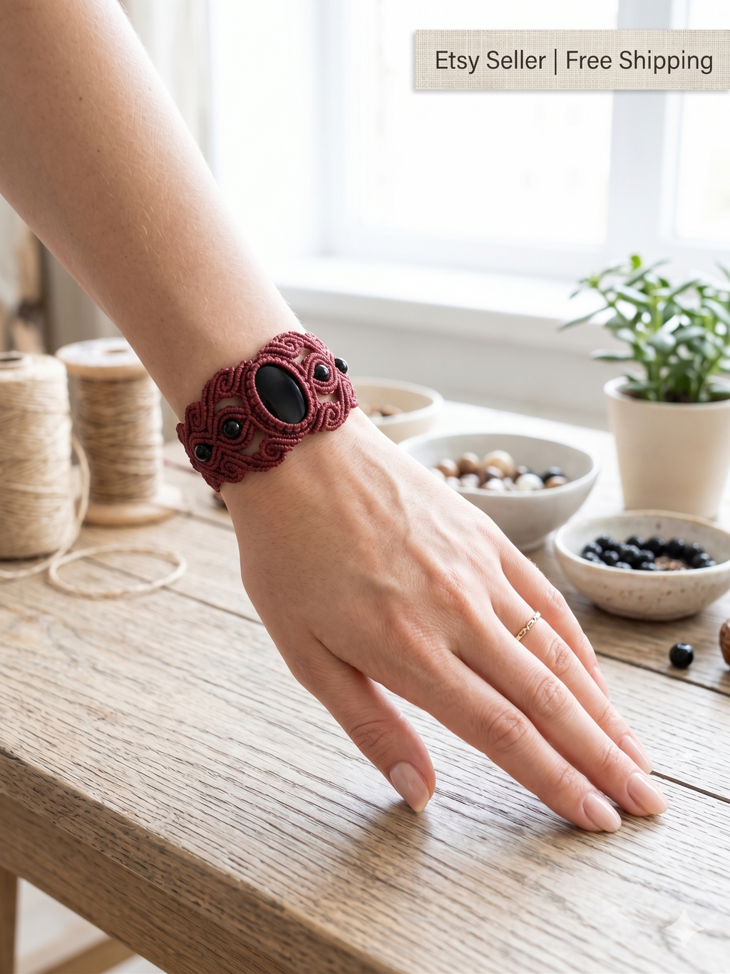 Handmade Macrame Bracelet with Natural Black Onyx