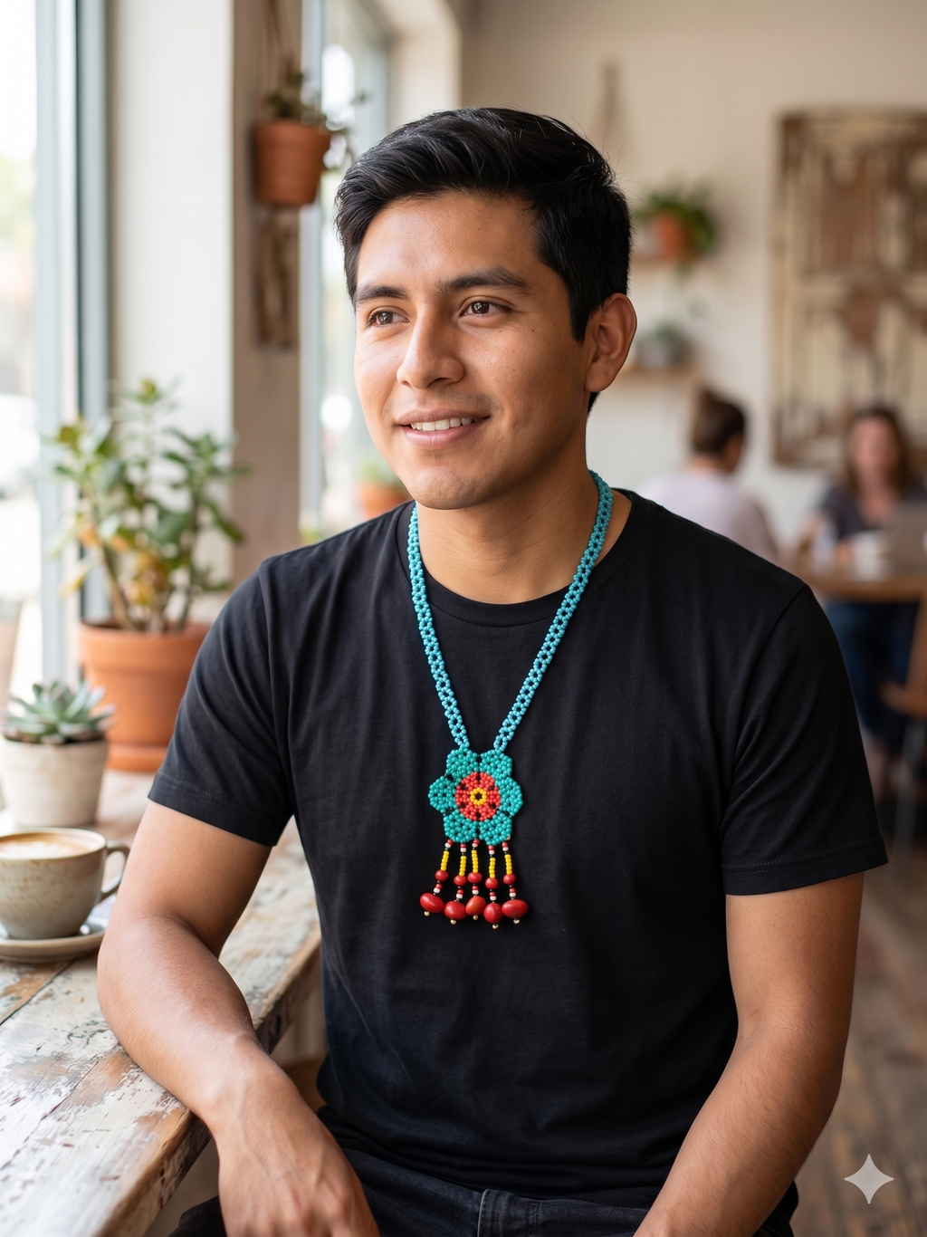 Hand-woven flower necklace with multicolored beads and natural seeds