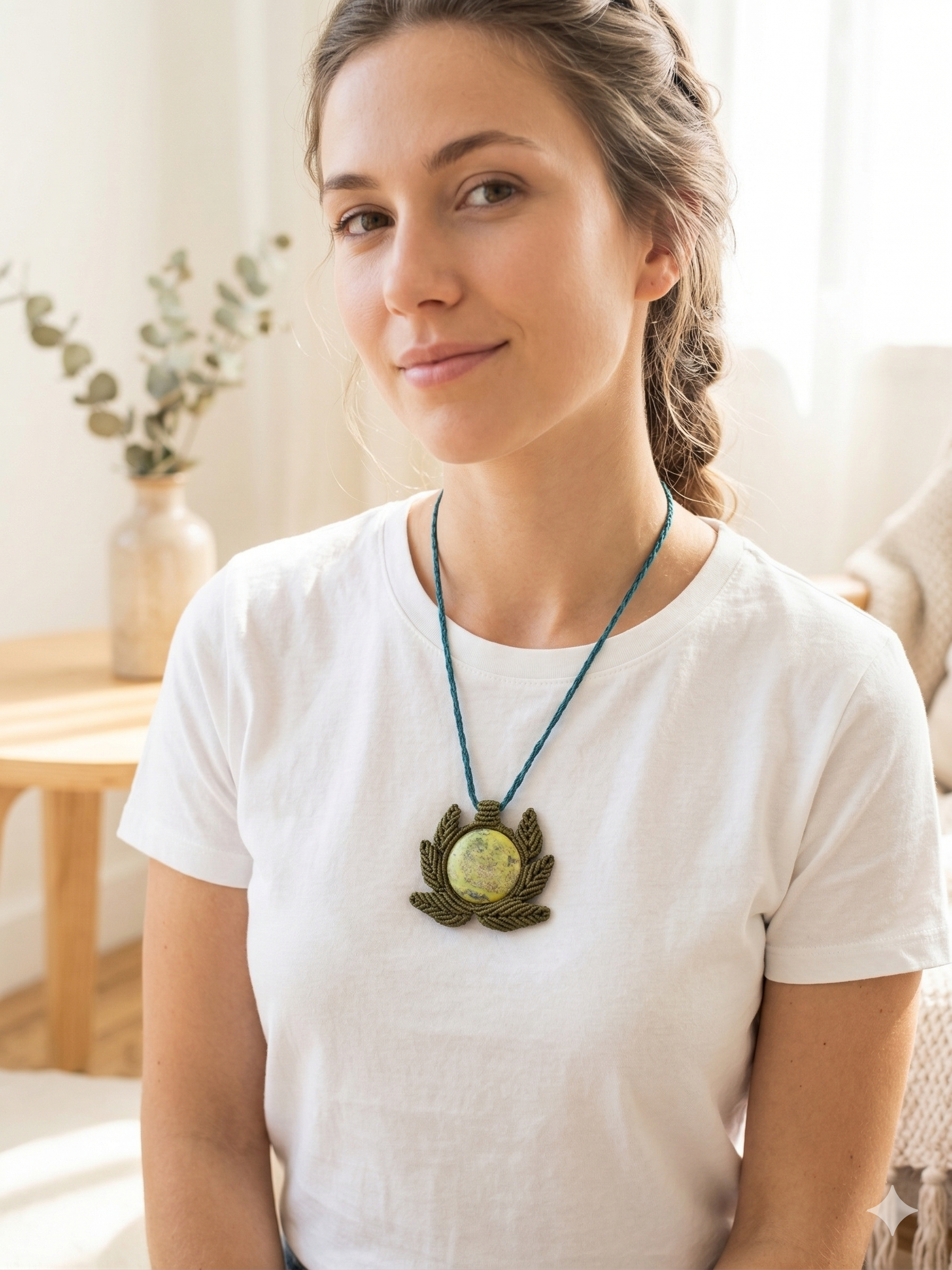 Macrame Necklace with Natural Serpent Stone, Handmade Spiritual Amulet