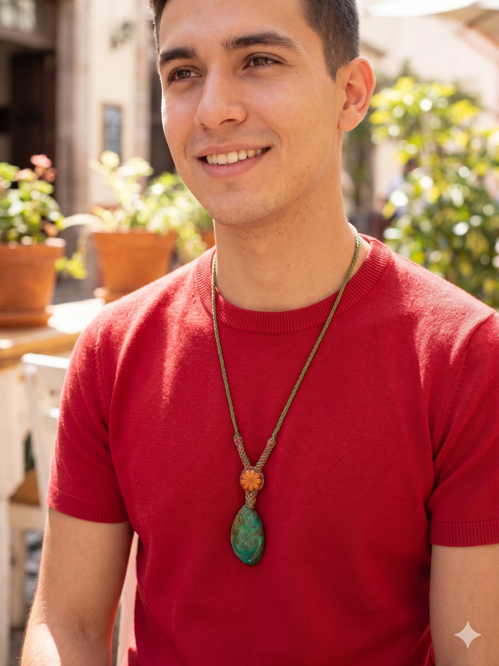 Macrame Necklace with Natural Serpentine Stone and Ayahuasca Flower.