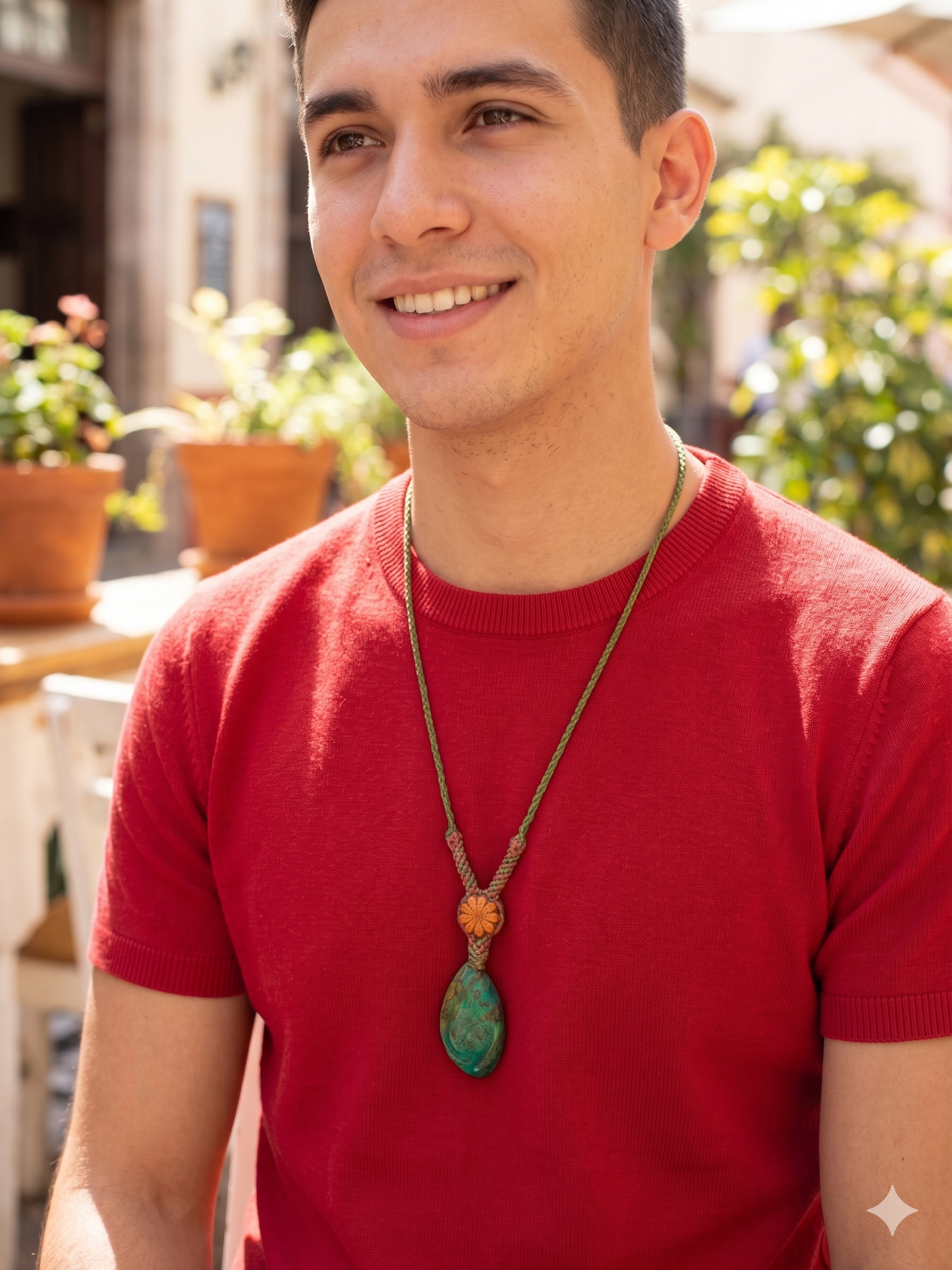 Macrame Necklace with Natural Serpentine Stone and Ayahuasca Flower.