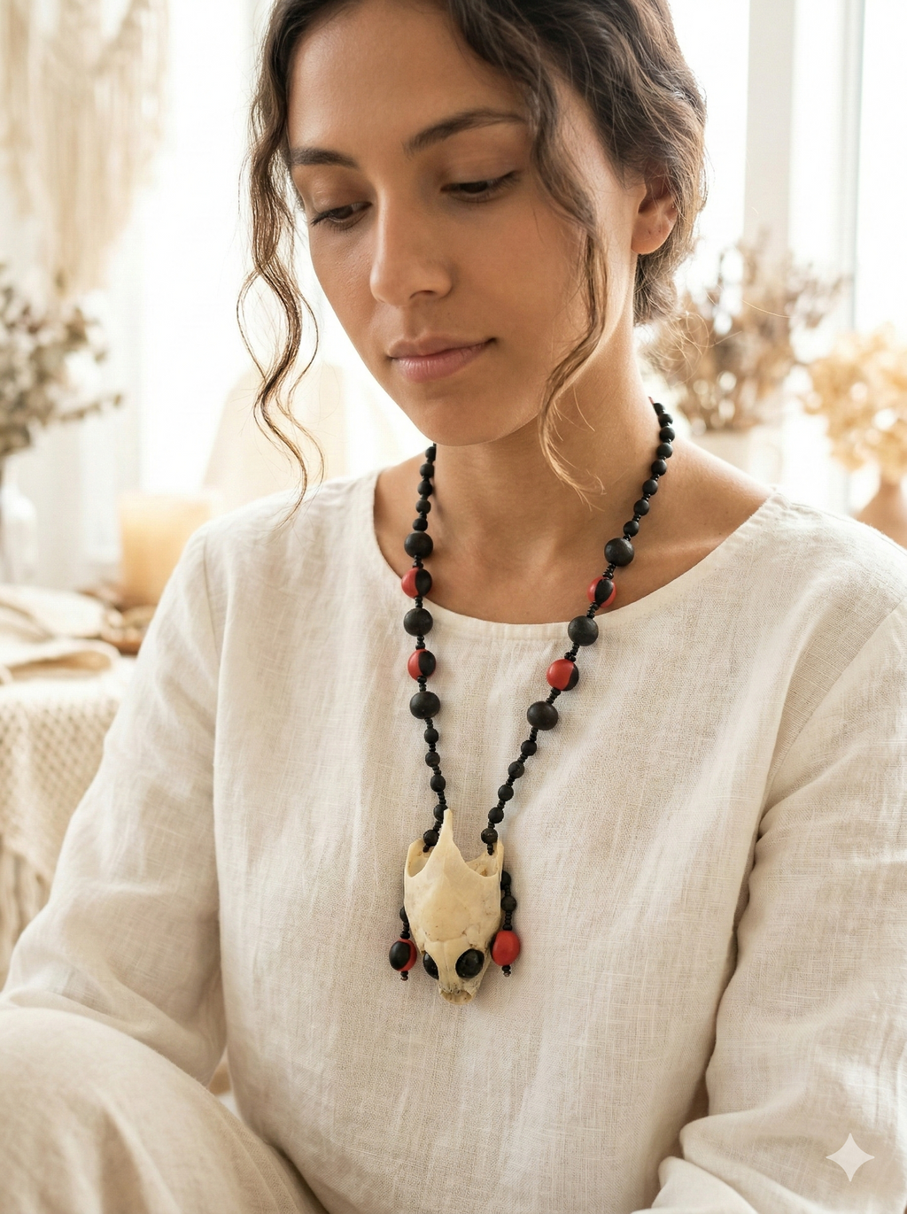 Handmade Necklace with Huayruro Seeds and Natural Turtle Head Pendant