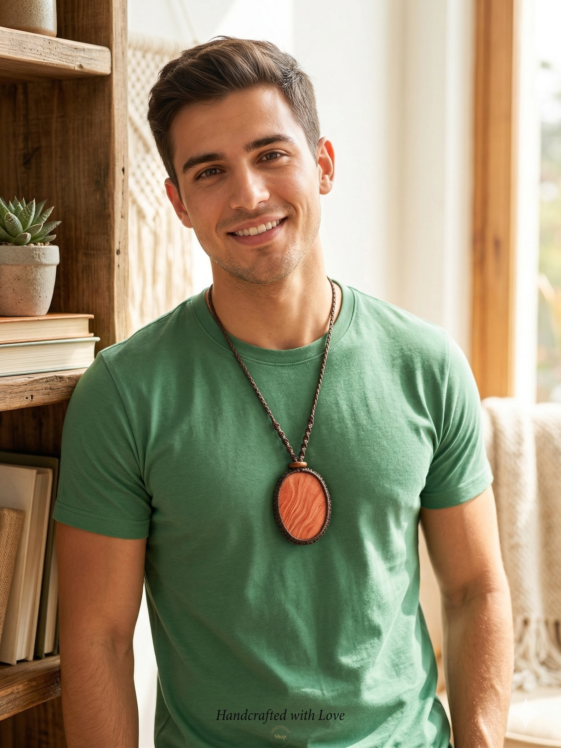 Handmade Macrame Necklace with Natural Orange Stone Pendant