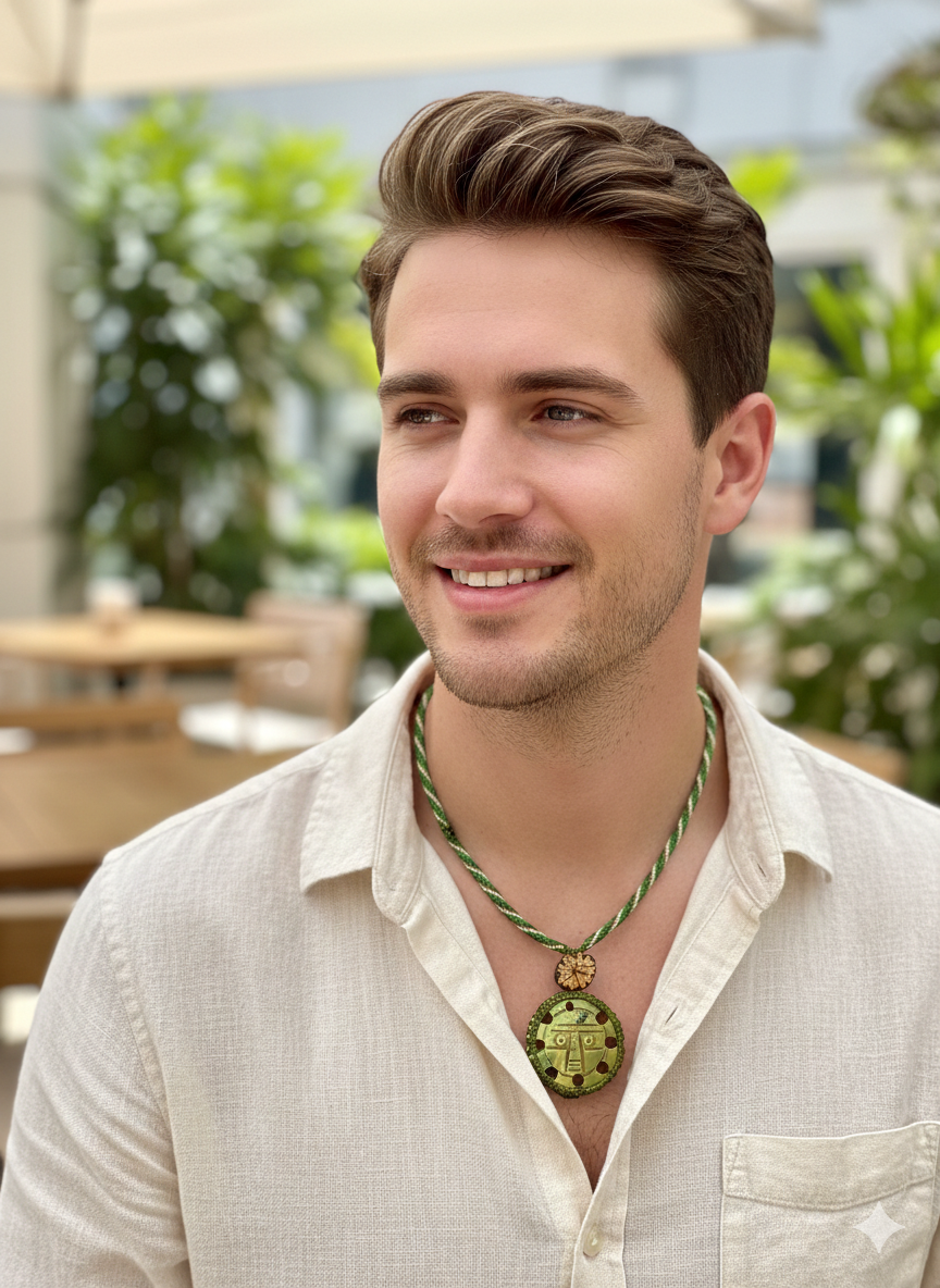 Inca Sun God Necklace Handmade Andean Serpentine Stone Macrame Amulet Spiritual Protection