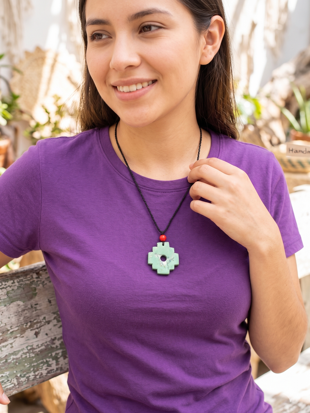 Chakana Inca Necklace with Natural Stone, Woven Andean Cross, Macrame