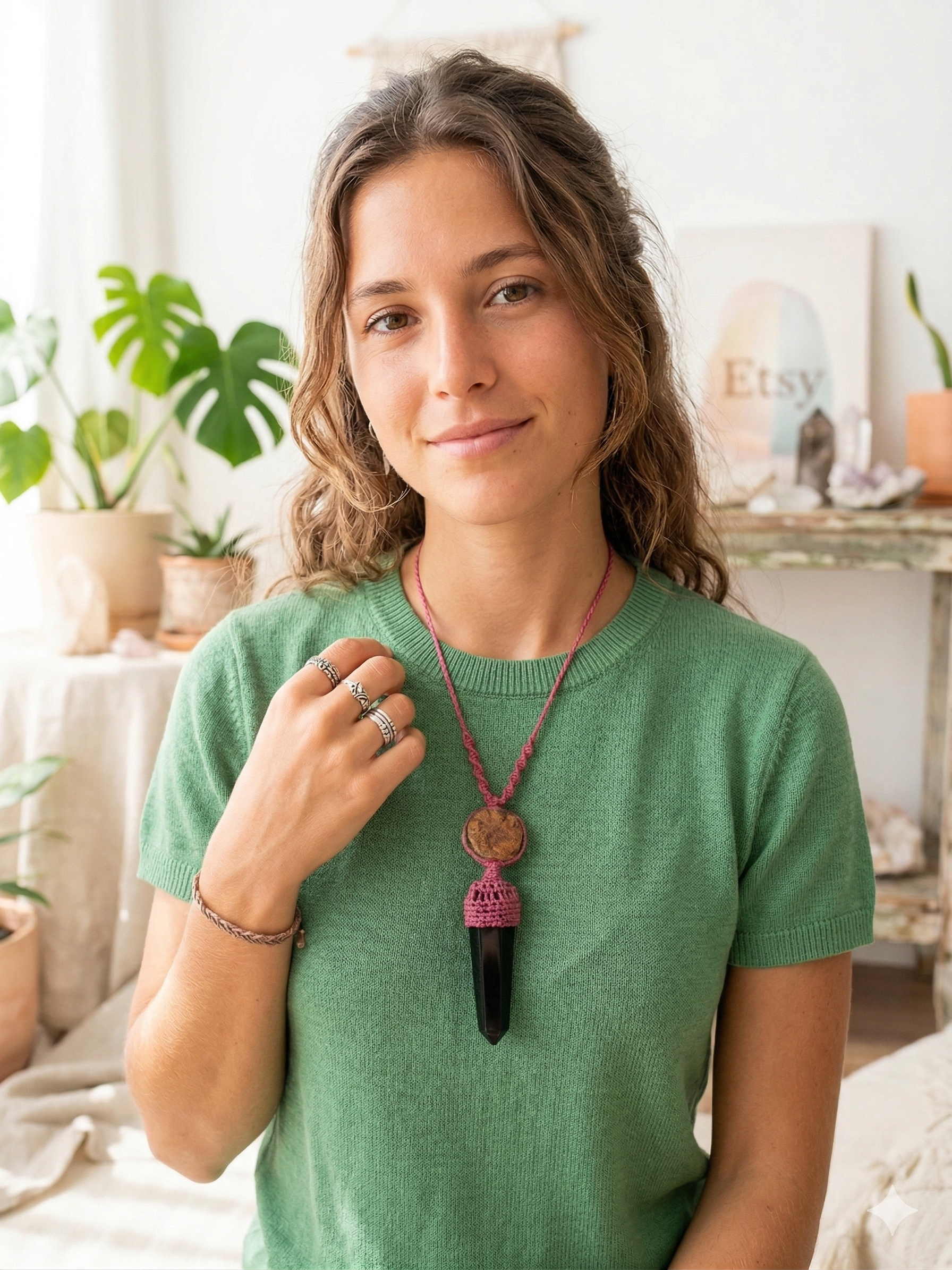 Handmade Macrame Necklace with Rainstone, Night Spiritual Amulet
