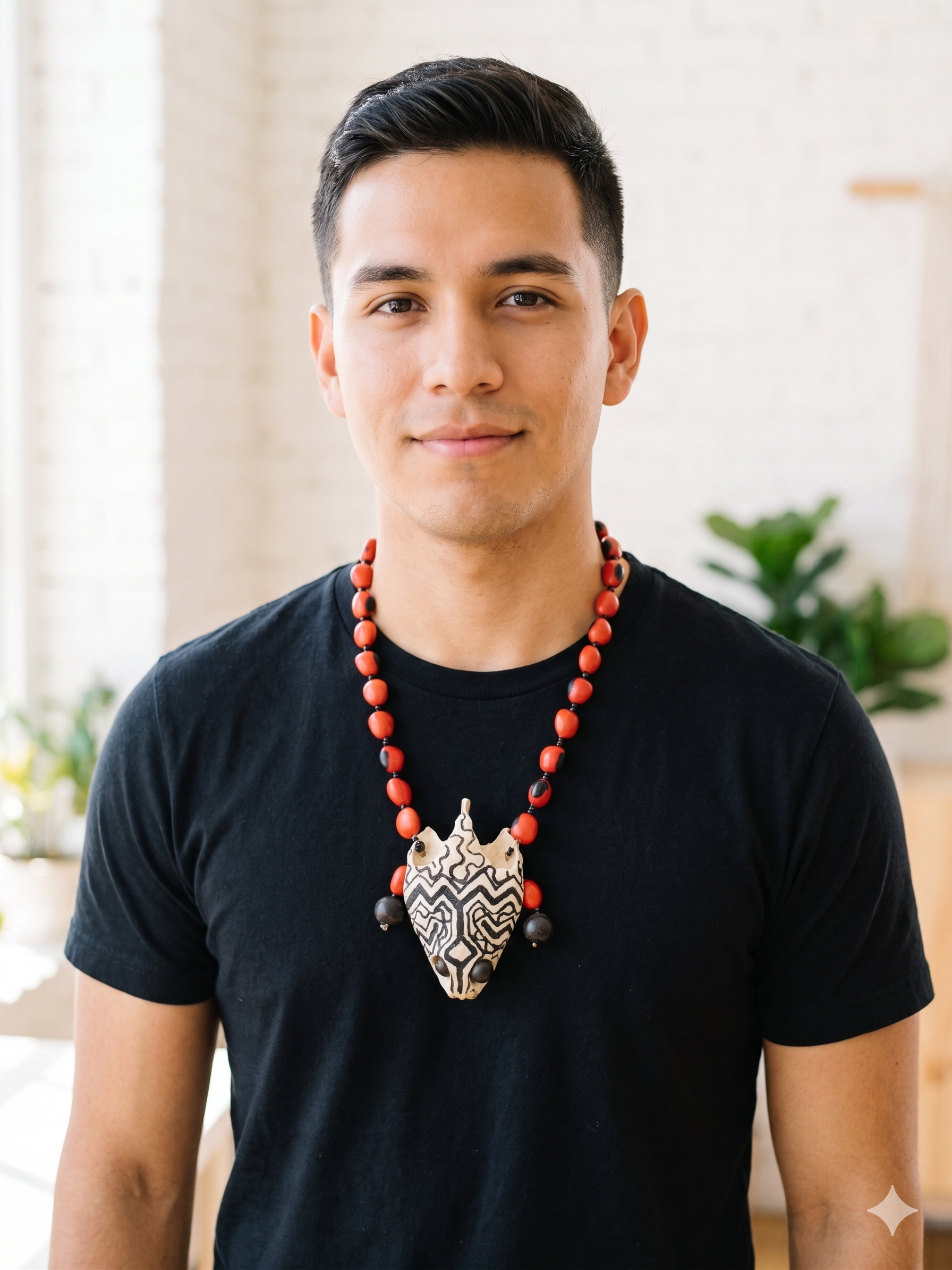 Handmade Tribal Necklace with Huayruro Seeds, Shamanic Pendant