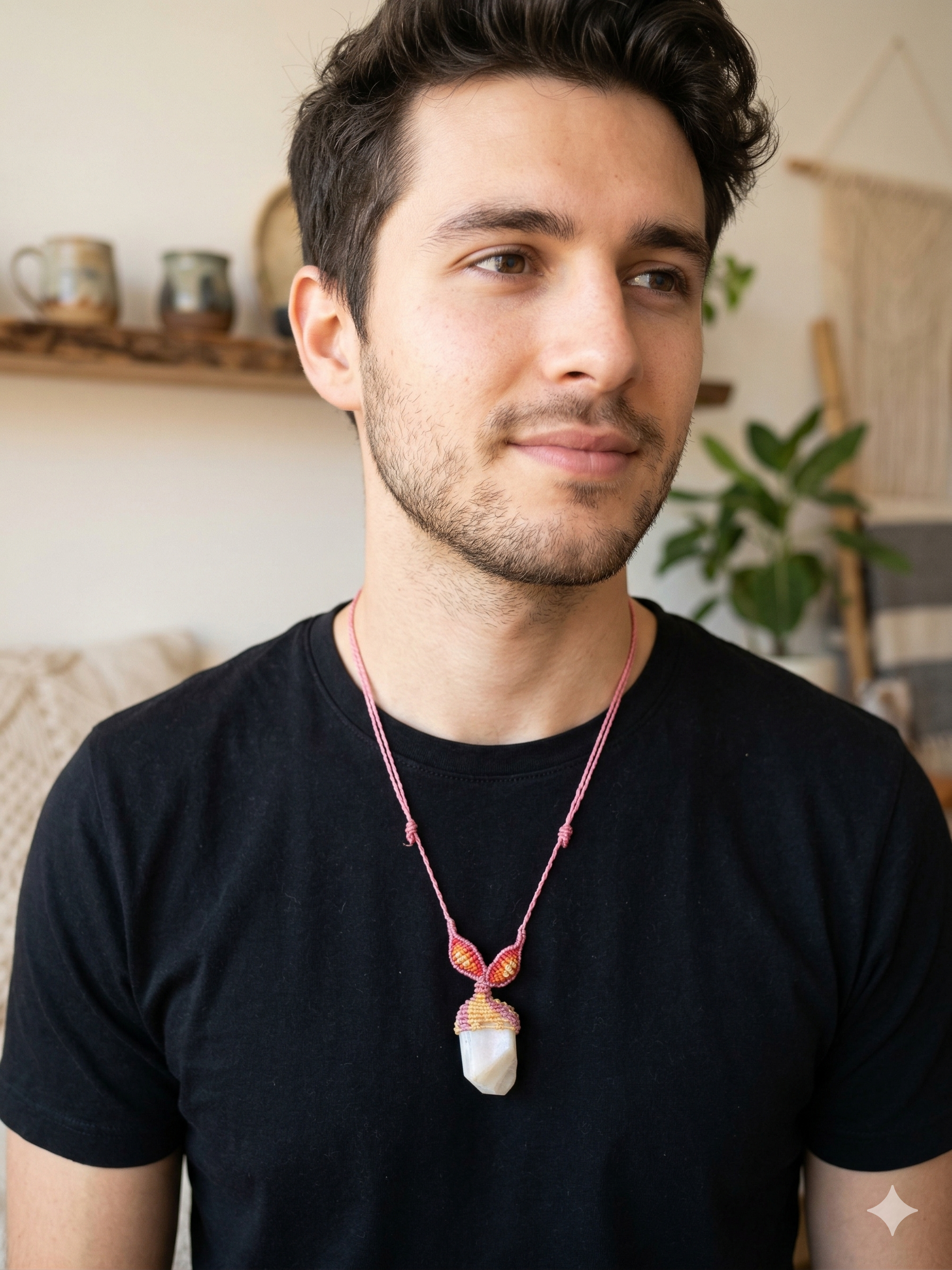 Macrame Necklace with Natural Soapstone, Hand-Woven Spiritual Amulet