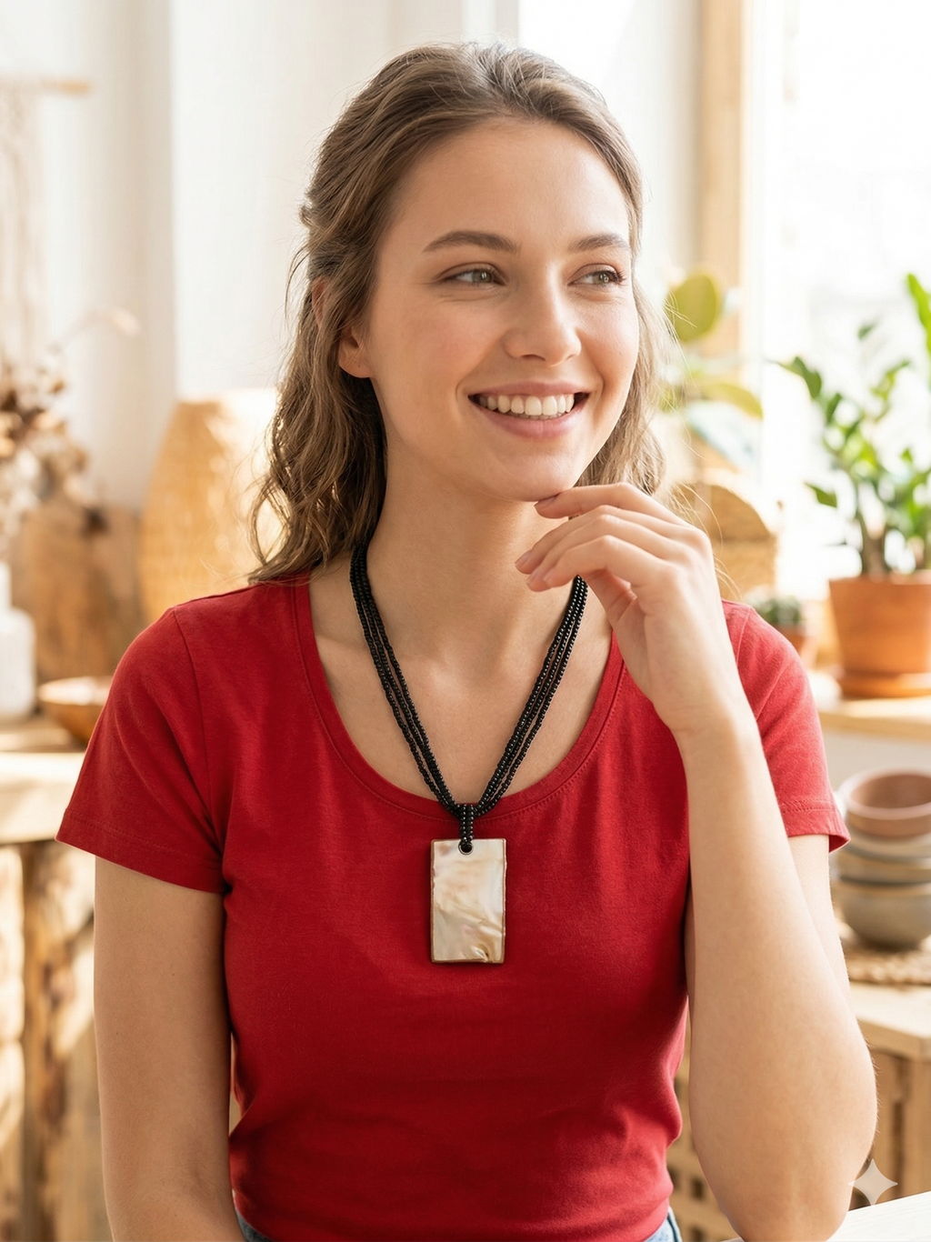 Handmade Mother-of-Pearl Necklace with Black Beads and Natural Shell Pendant