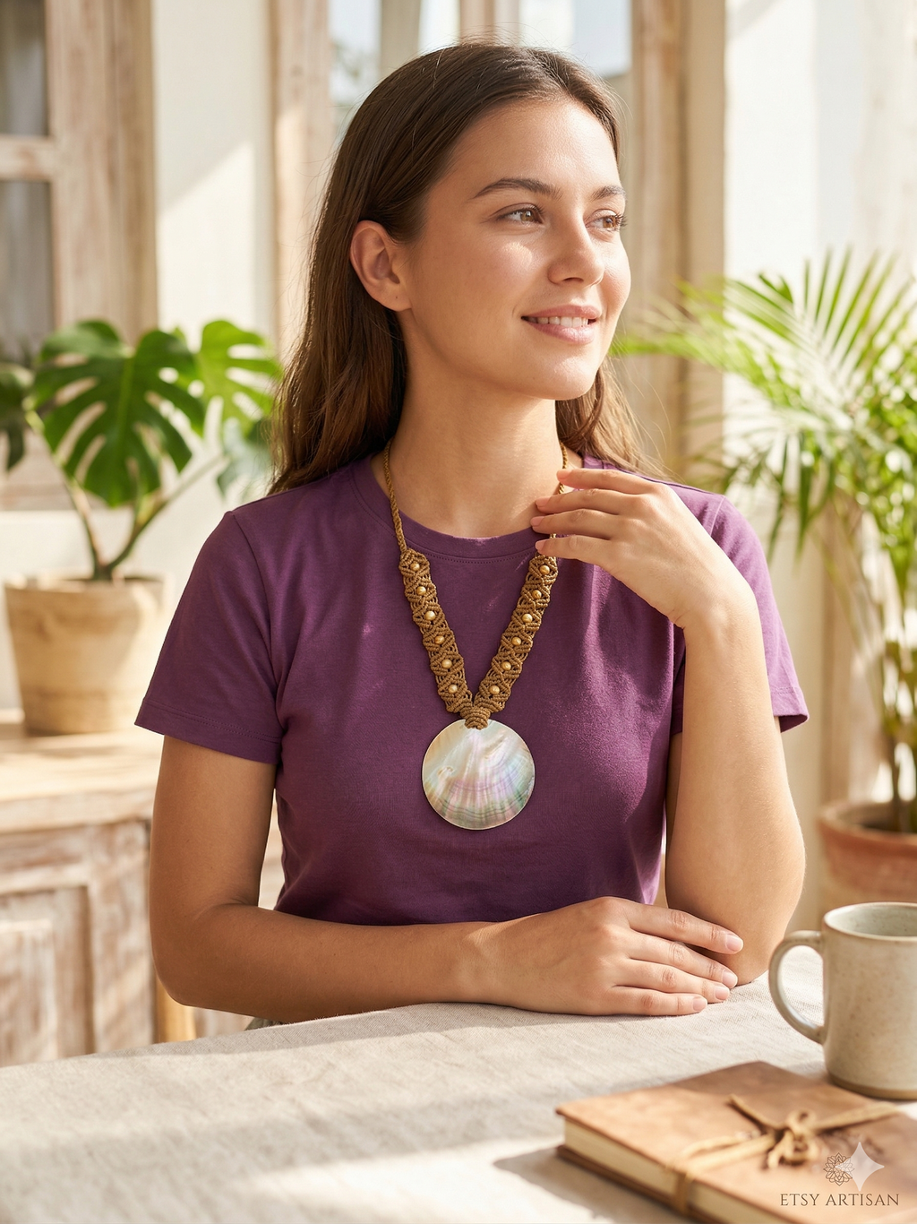 Macrame Necklace with Natural Mother-of-Pearl, Handmade Spiritual Amulet