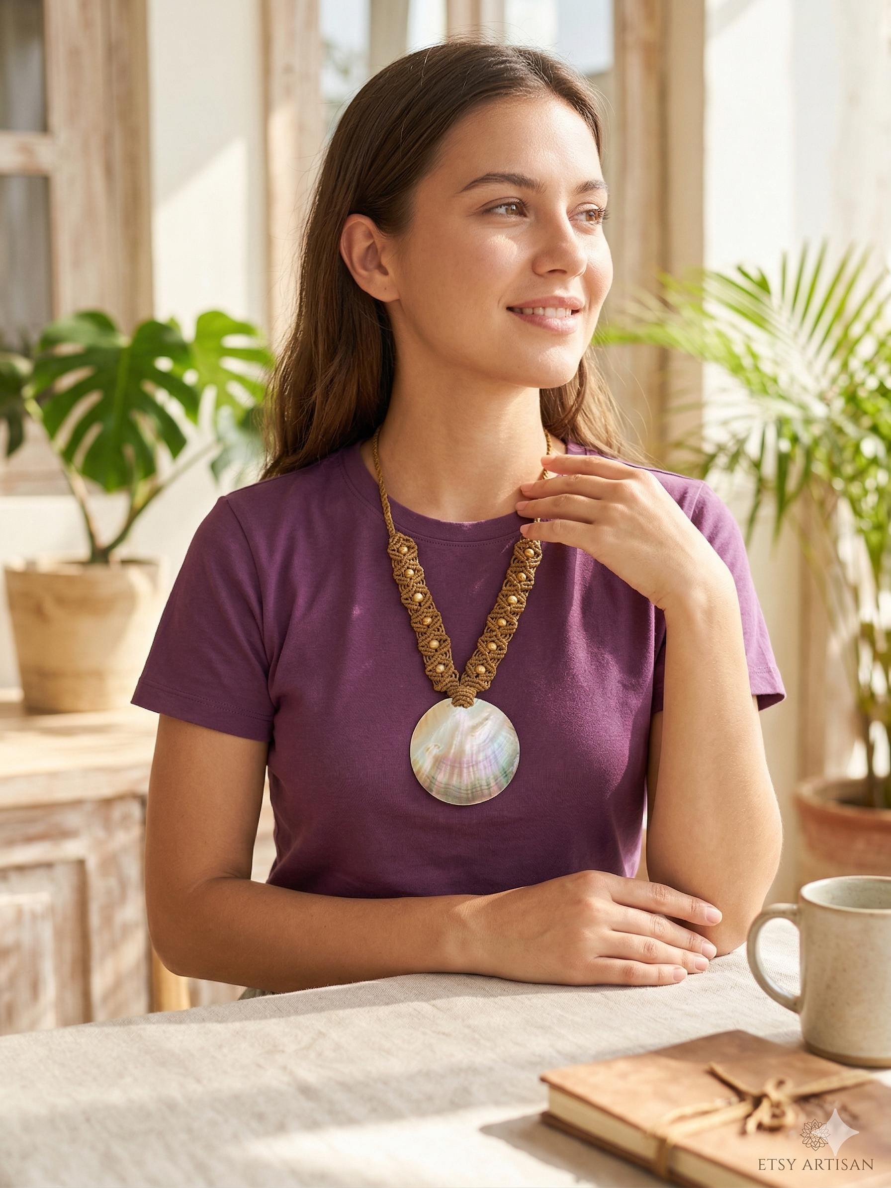 Macrame Necklace with Natural Mother-of-Pearl, Handmade Spiritual Amulet