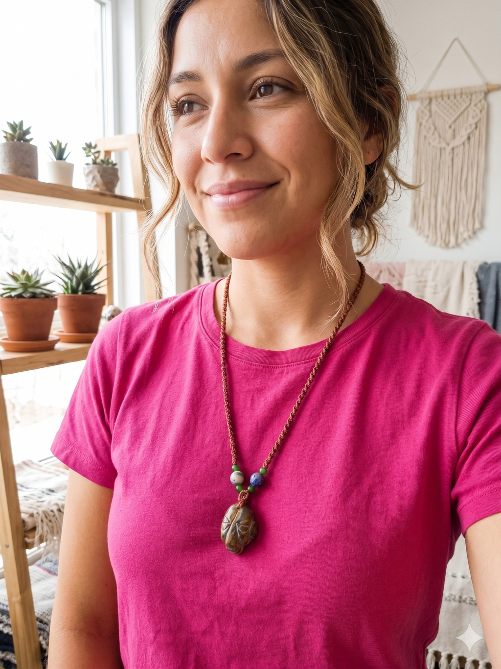 Handmade Macrame Necklace with Inca Mask and Natural Stone