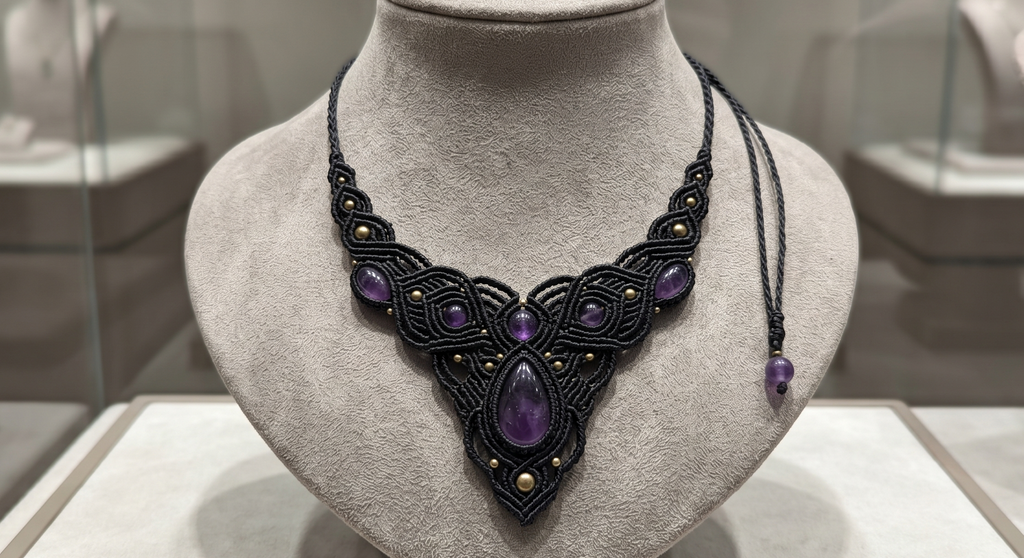 Macrame Necklace with Natural Amethyst Amulet for Protection