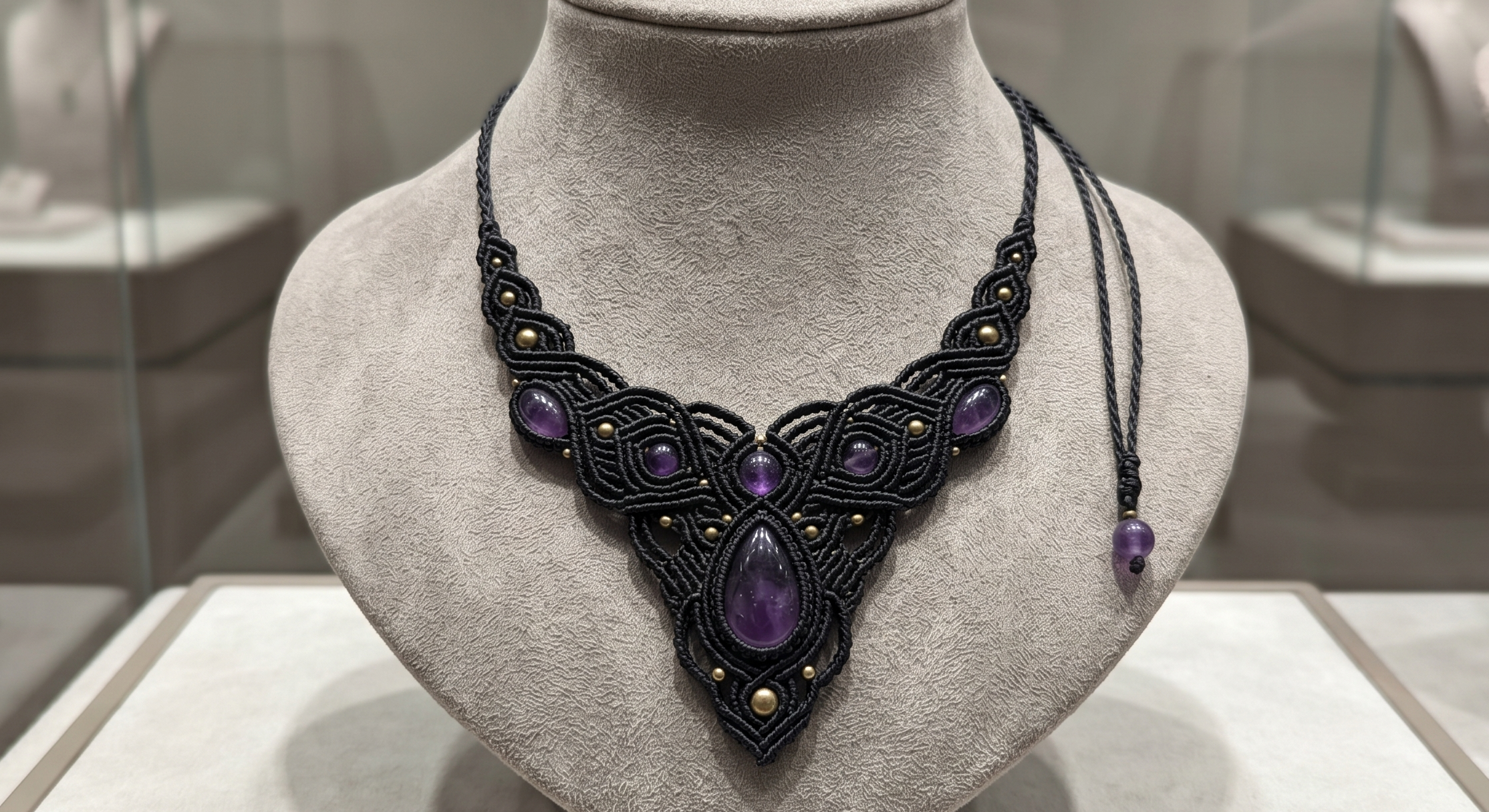Macrame Necklace with Natural Amethyst Amulet for Protection