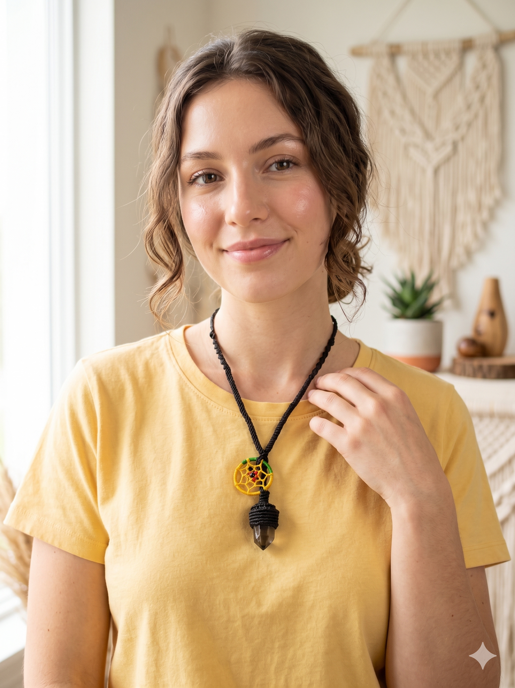 Handmade Macrame Necklace with Quartz Crystal Dreamcatcher Amulet
