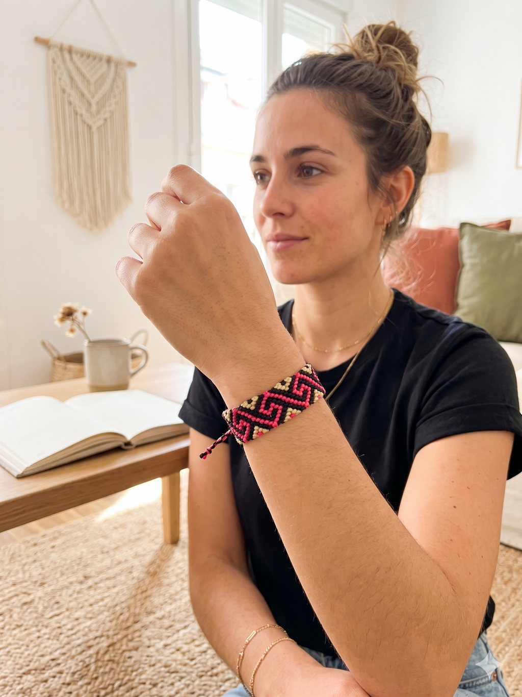 Inca Labyrinth Bracelet Woven Macrame Adjustable Pink Black