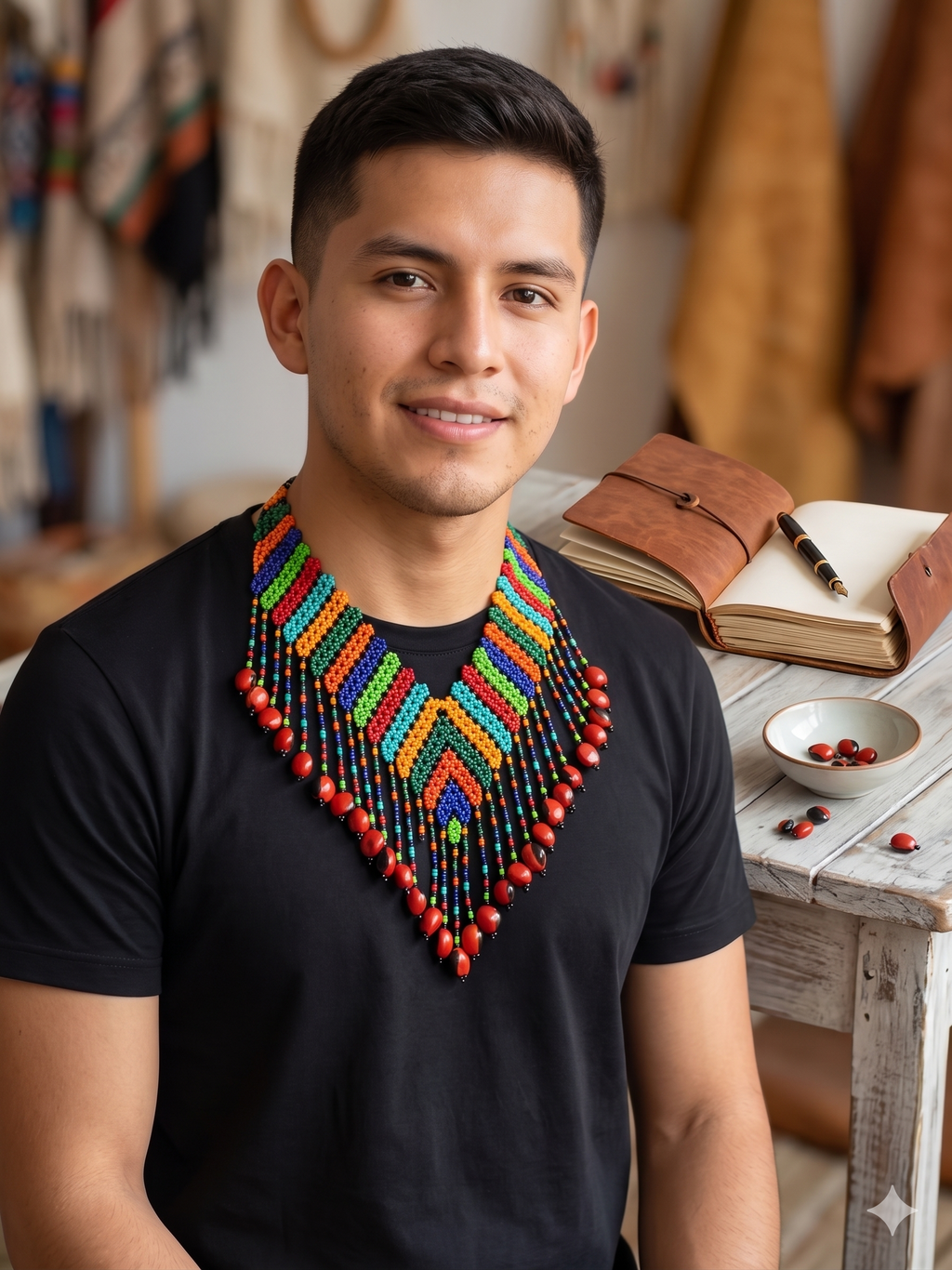Handmade Necklace with Multicolored Beads and Huayruro Seeds Geometric Design