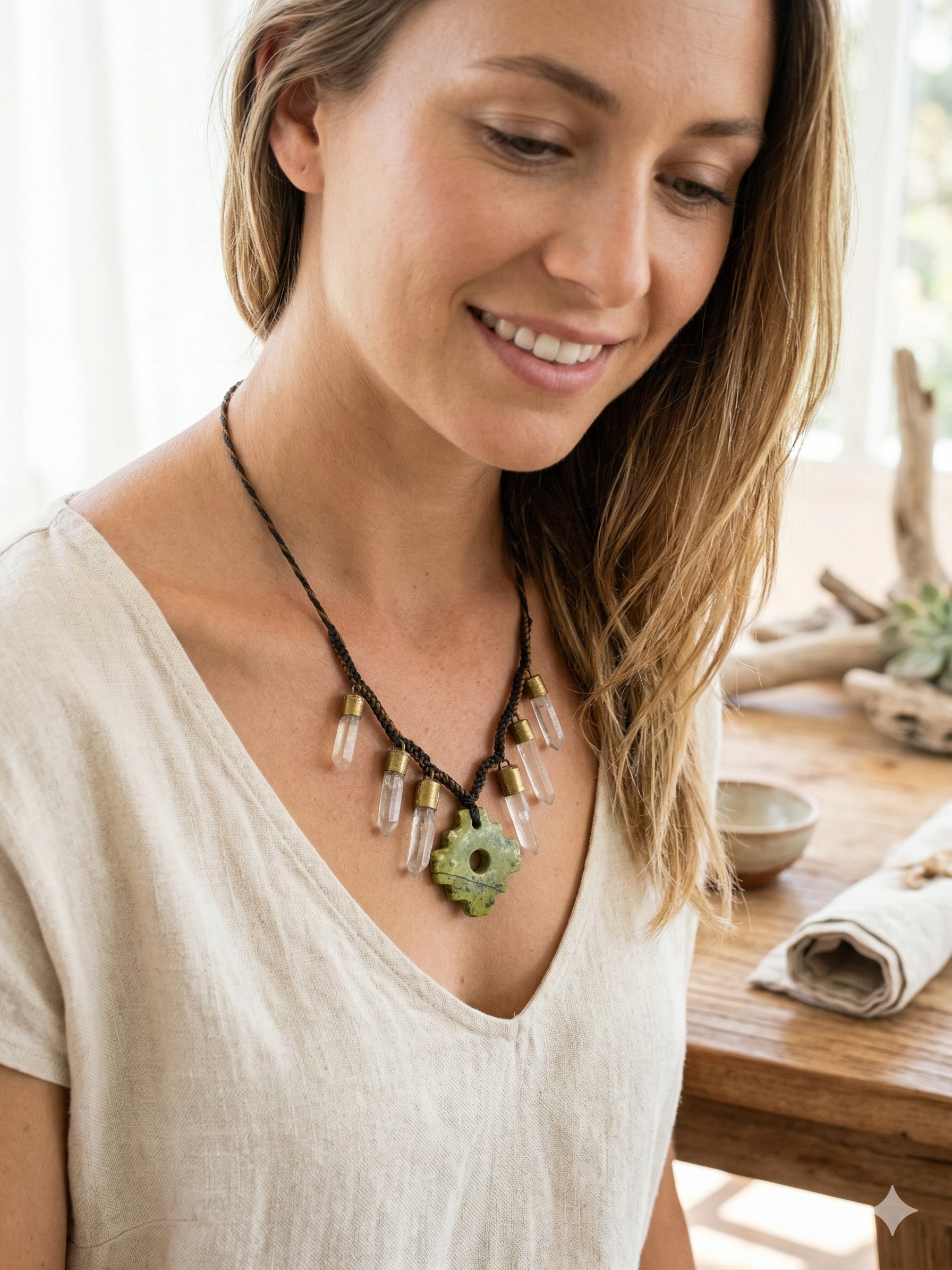 Chakana Necklace with Green Quartz Crystal Stone, Handmade Macrame