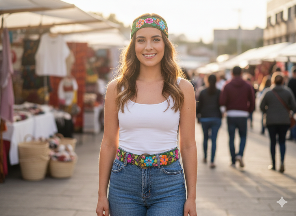 Handmade Floral Embroidered Headband Belt, Multicolored