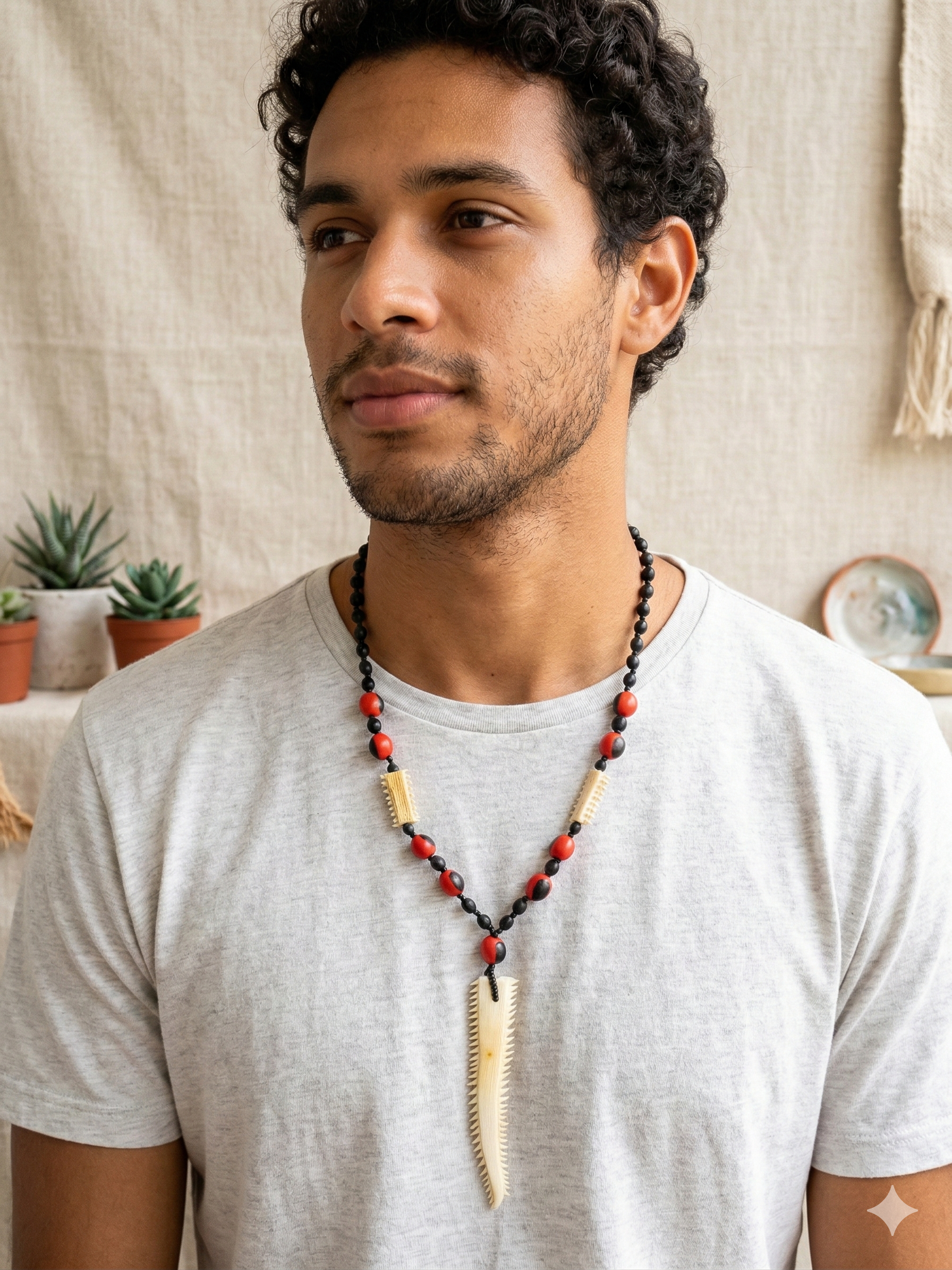 Necklace with Huayruro Seeds and Carved Bone, Handmade Amulet for Protection and Luck
