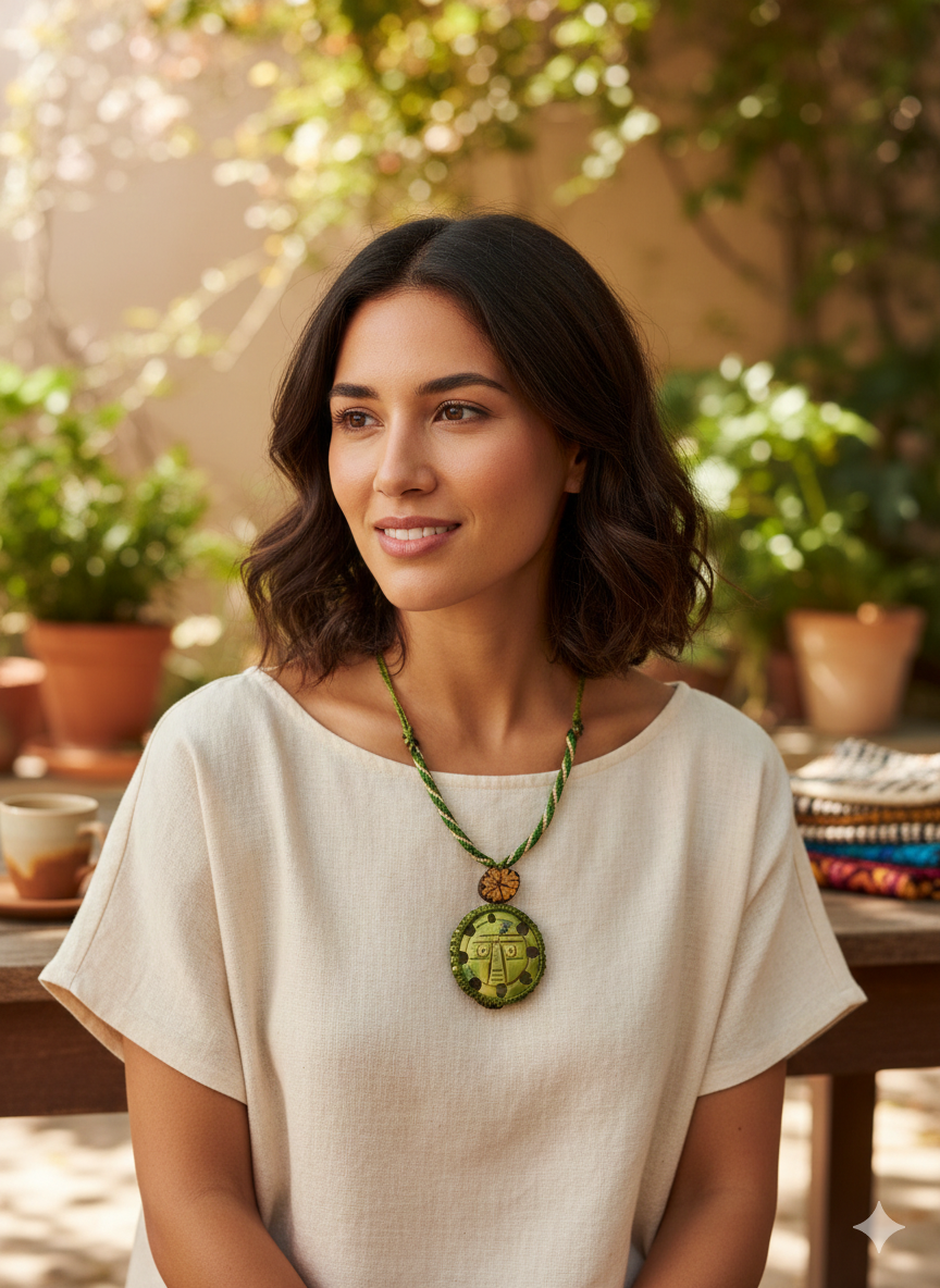 Inca Sun God Necklace Handmade Andean Serpentine Stone Macrame Amulet Spiritual Protection