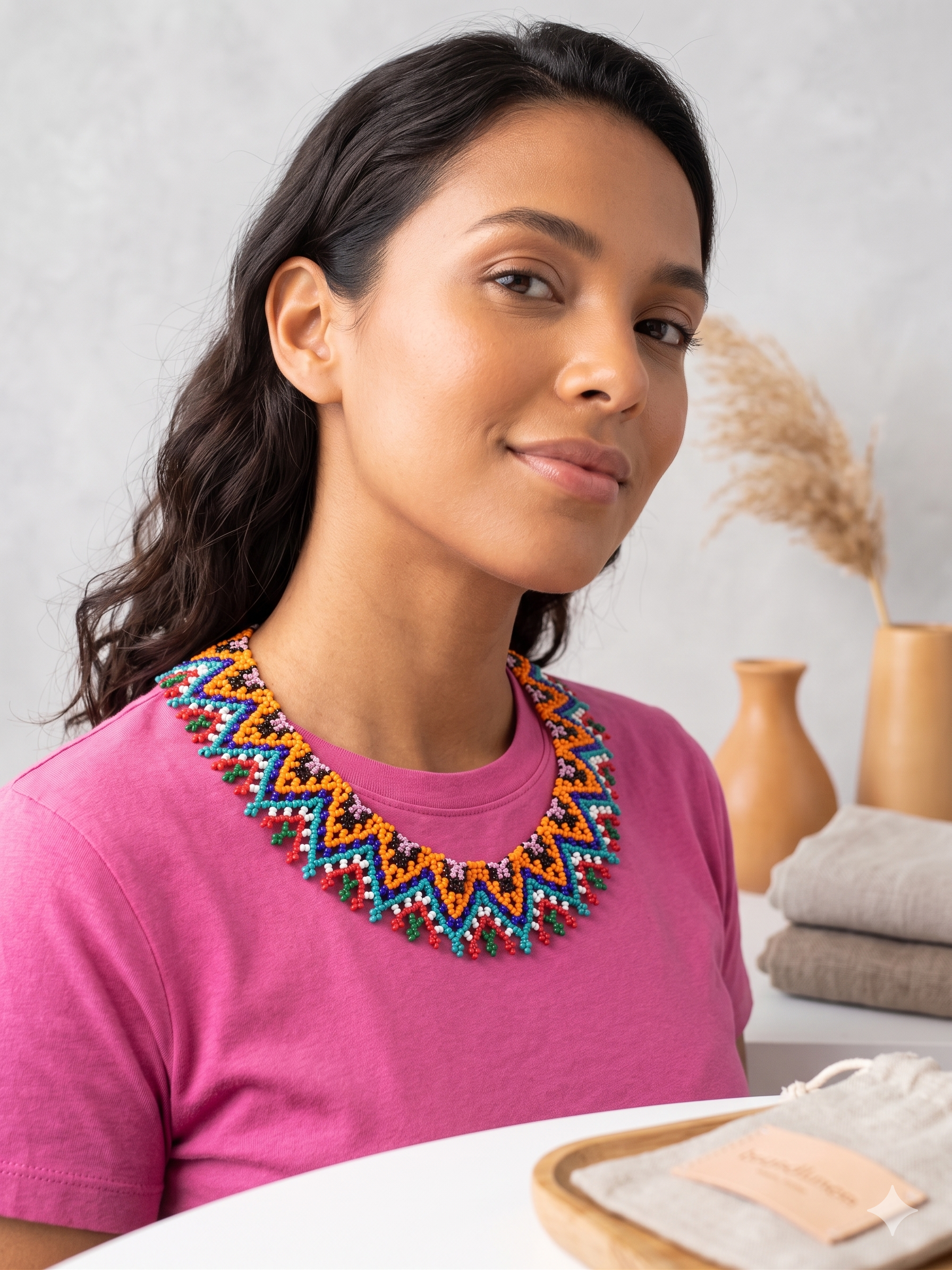 Handmade Geometric Beaded Necklace, Multicolor Choker