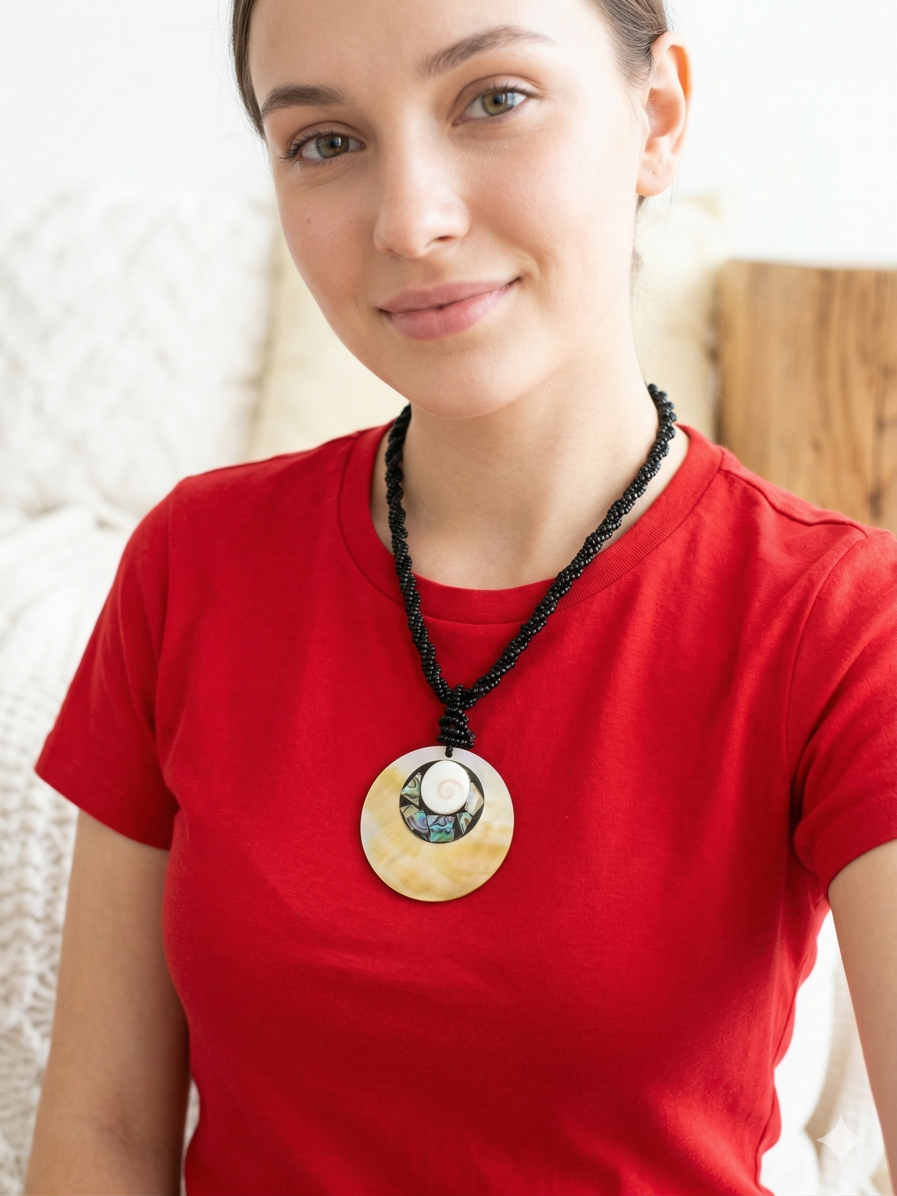 Handmade Necklace with Mother-of-Pearl, Abalone, and Black Beads