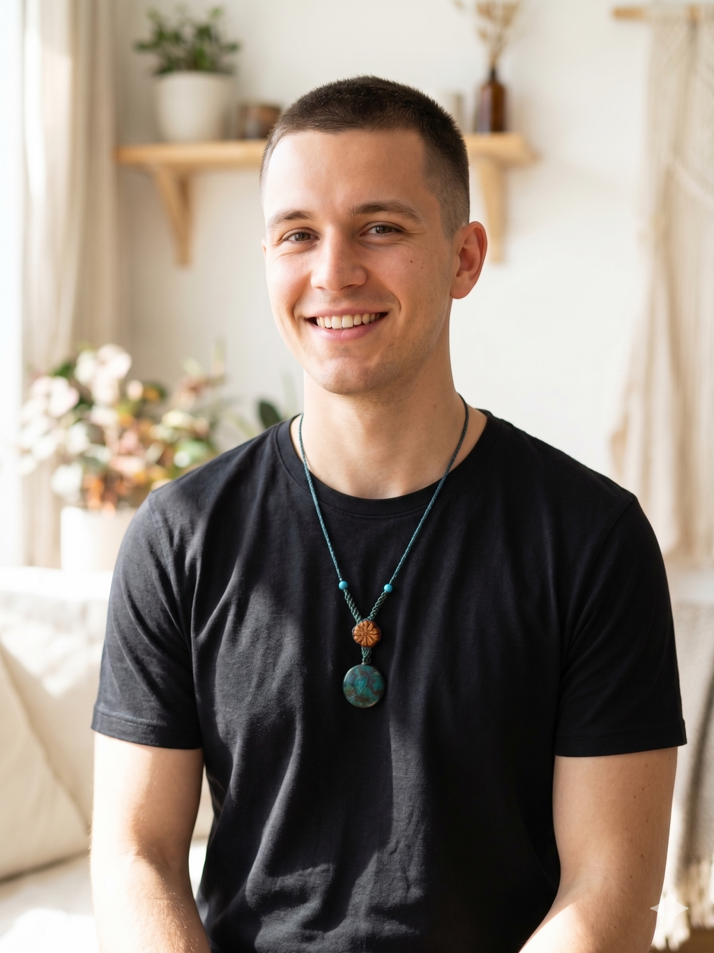 Macrame Necklace with Natural Turquoise and Ayahuasca Flower