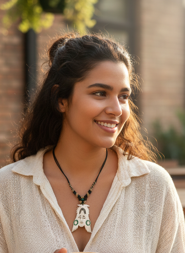 Hand-Carved Bone Necklace, Ancestral Inca Design, Handmade Macrame Cord