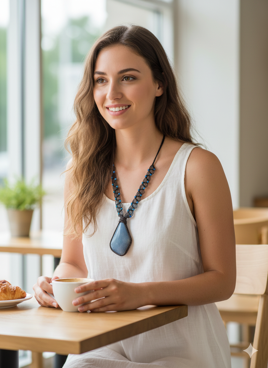 Unisex Necklace Woven Macrame Thread Natural Stone
