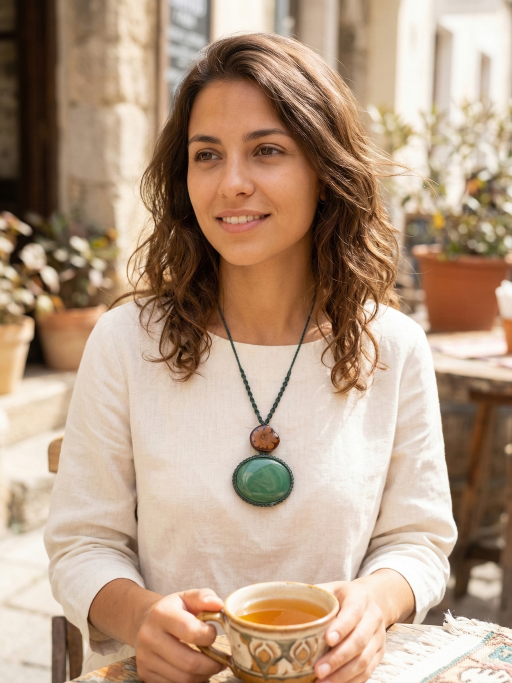 Macrame Necklace with Serpent Flower, Ayahuasca, and Natural Green Stone