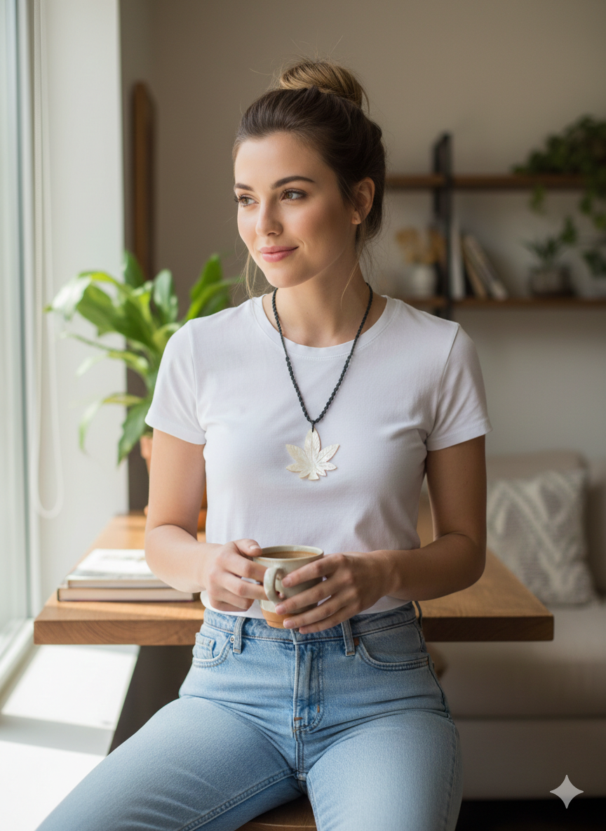 Handmade Mother-of-Pearl Coca Leaf Necklace, Carved Pendant, Macrame Thread