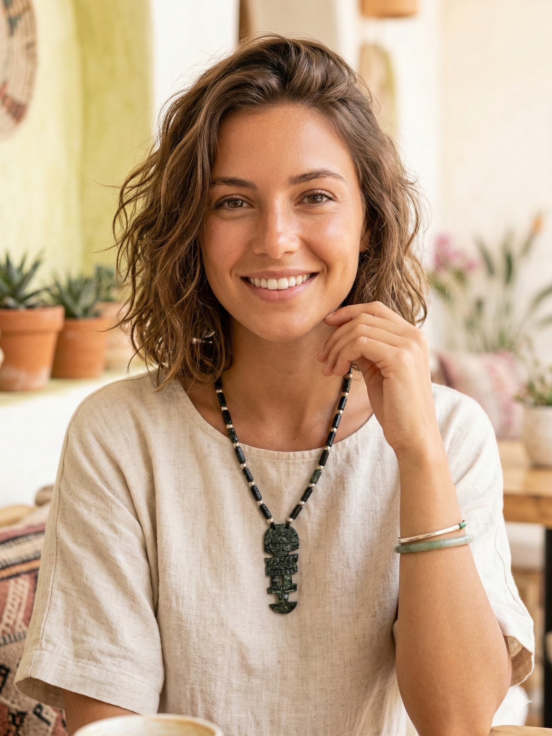 Tumi Necklace Hand Carved Natural Stone Beads Peruvian Craft Amulet